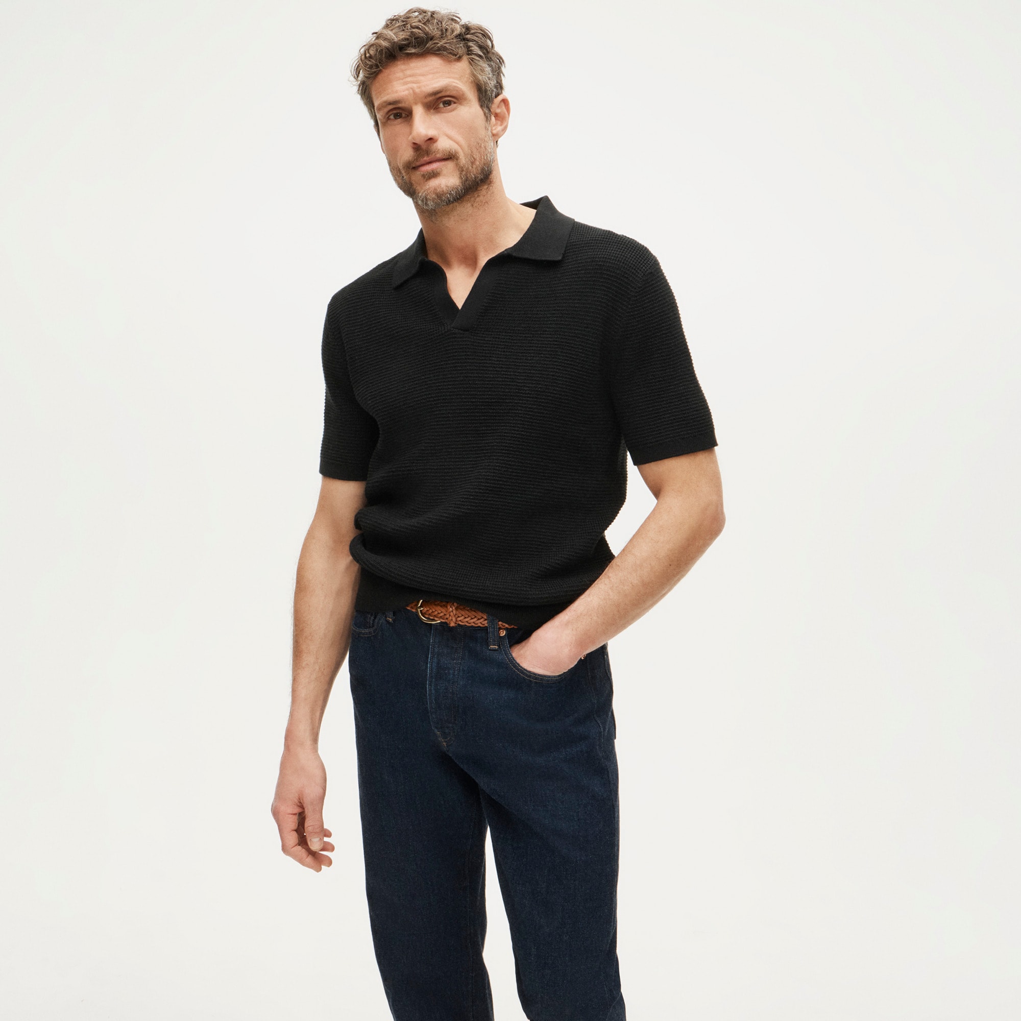Short-sleeve cotton waffle-knit johnny-collar sweater-polo