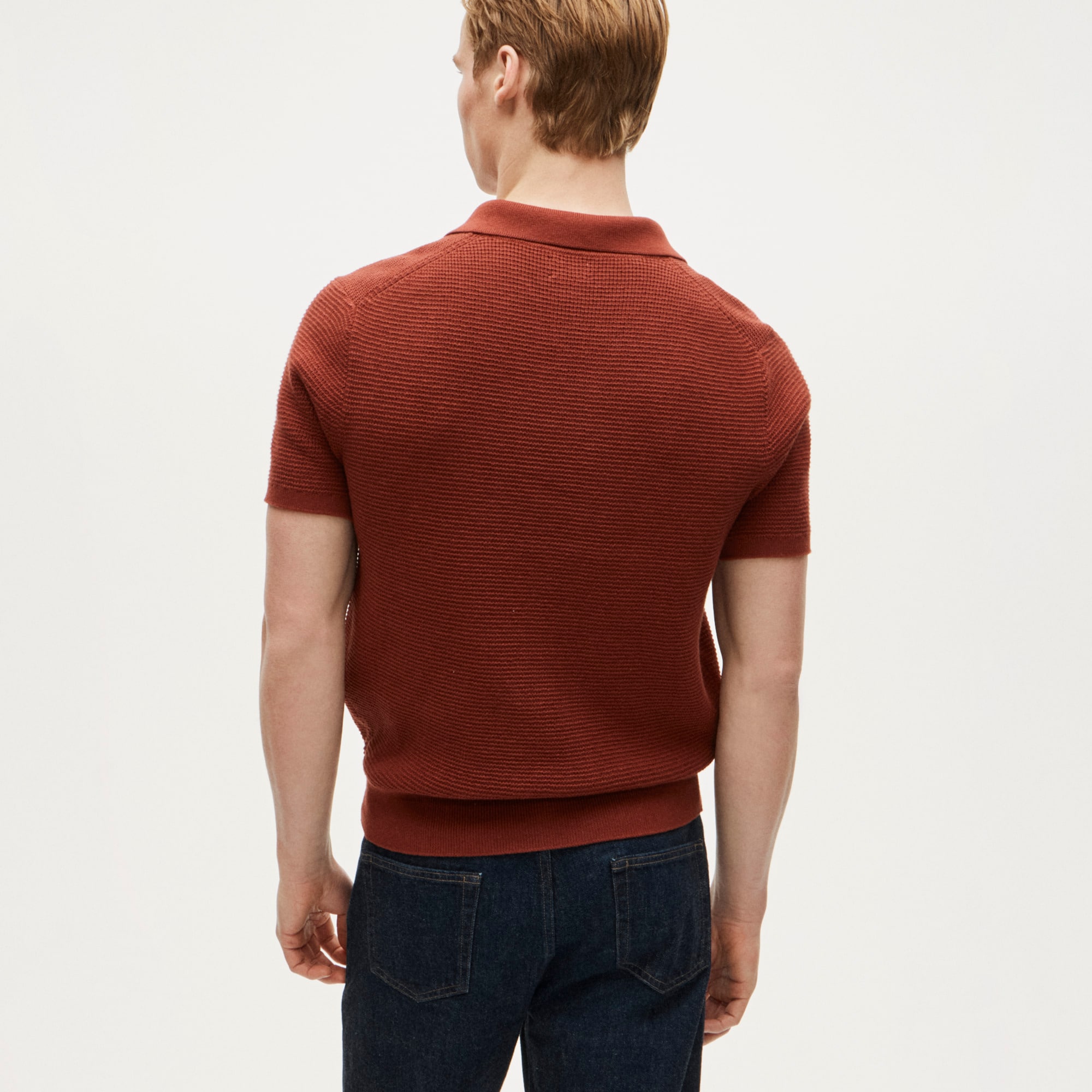Short-sleeve cotton waffle-knit johnny-collar sweater-polo