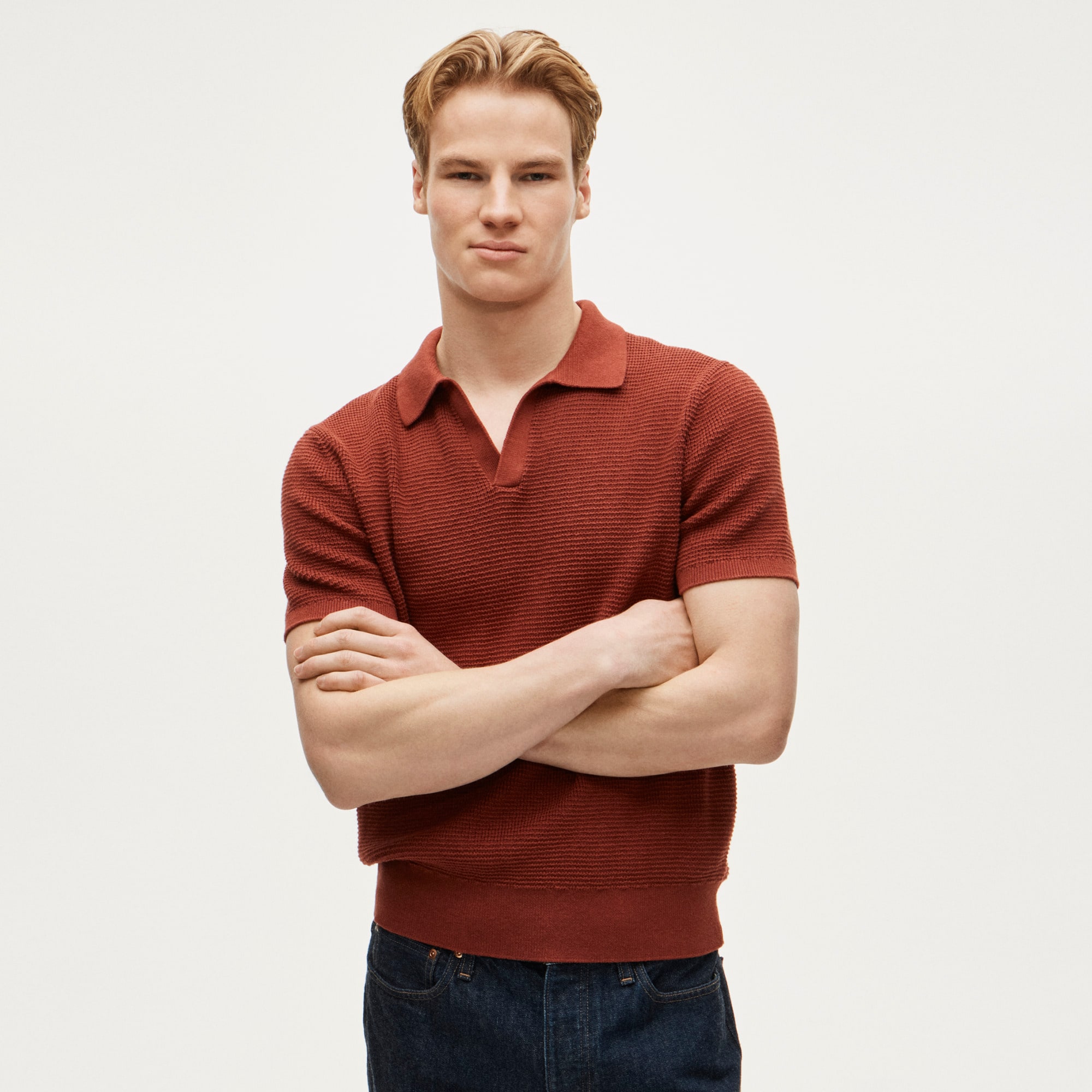  Short-sleeve cotton waffle-knit johnny-collar sweater-polo