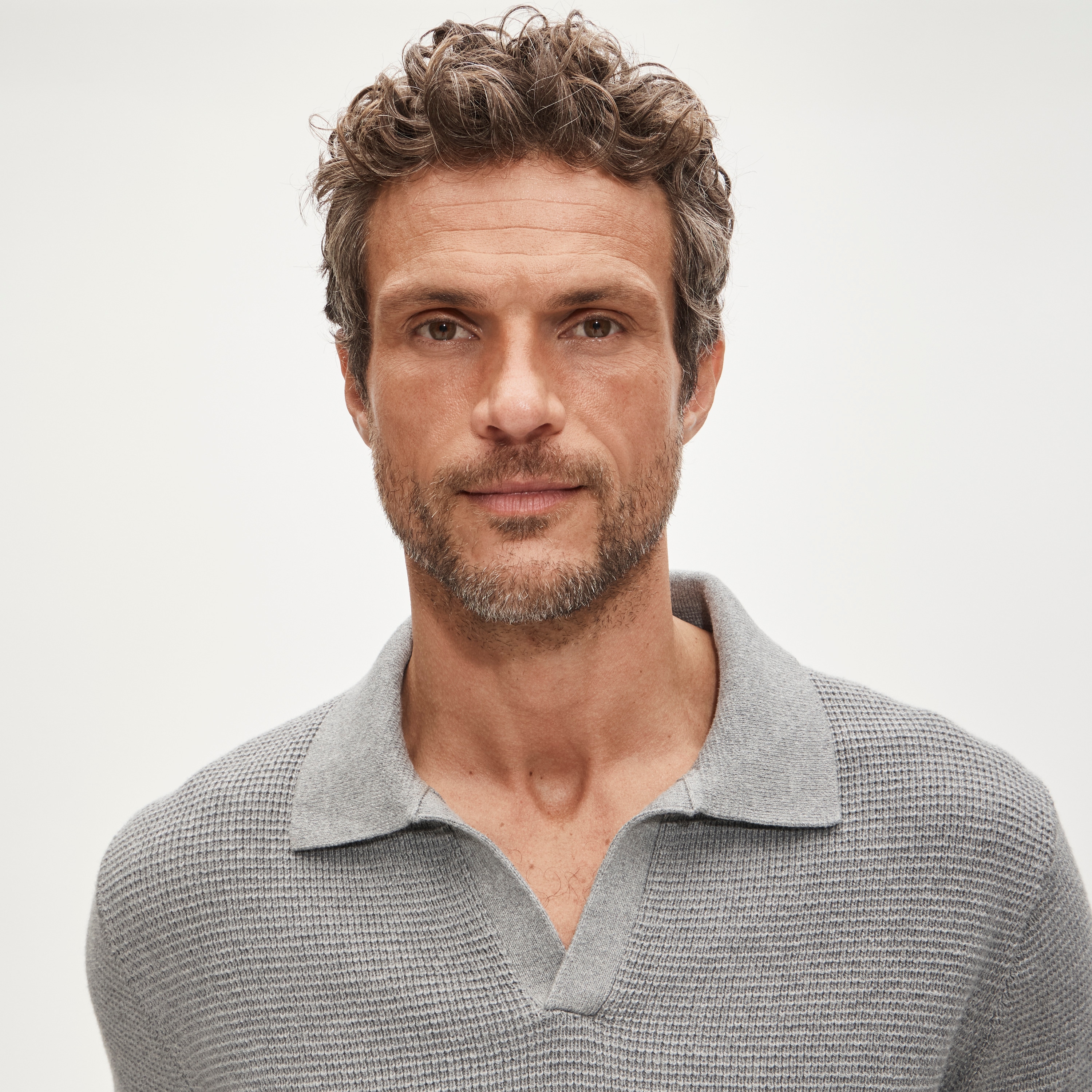 Short-sleeve cotton waffle-knit johnny-collar sweater-polo