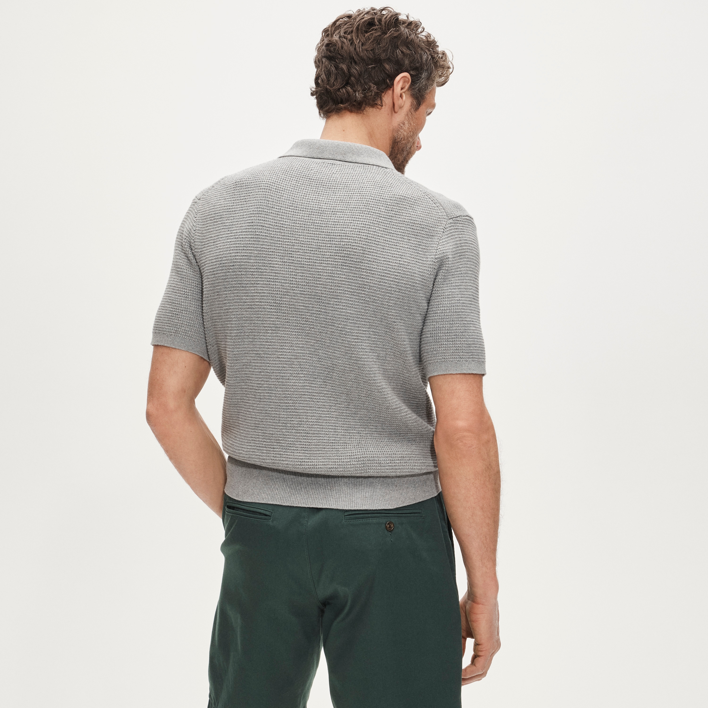 Short-sleeve cotton waffle-knit johnny-collar sweater-polo