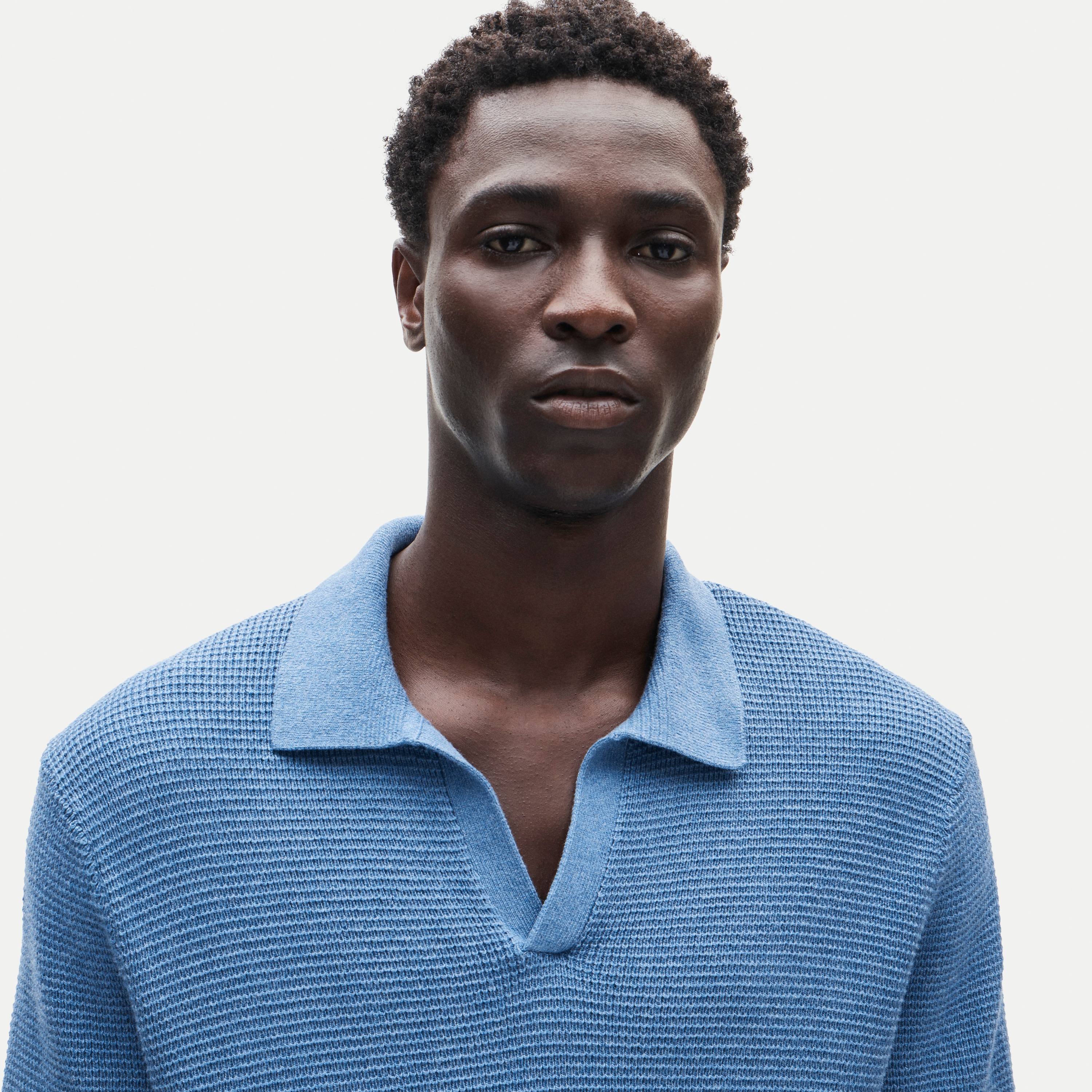 Short-sleeve cotton waffle-knit johnny-collar sweater-polo
