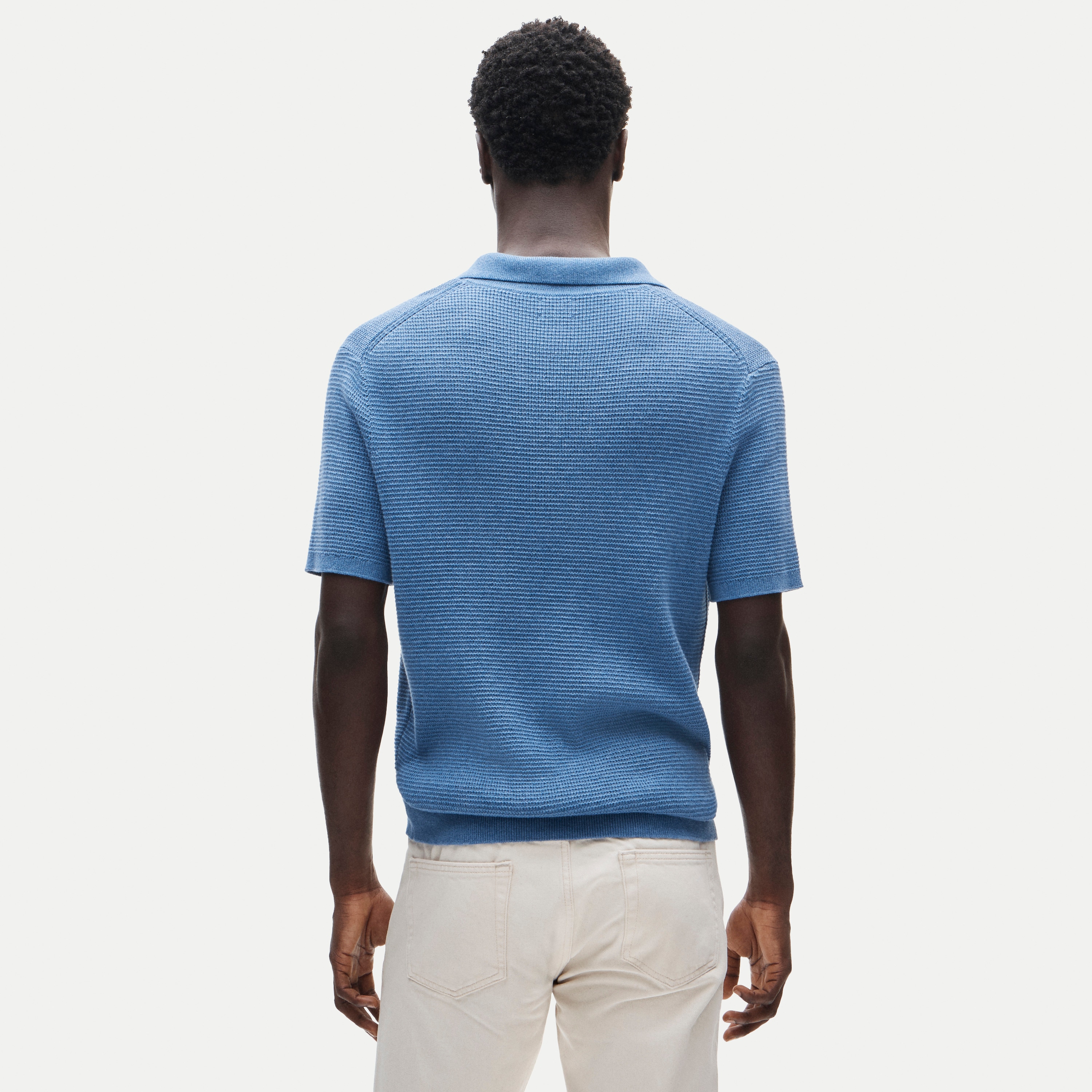 Short-sleeve cotton waffle-knit johnny-collar sweater-polo