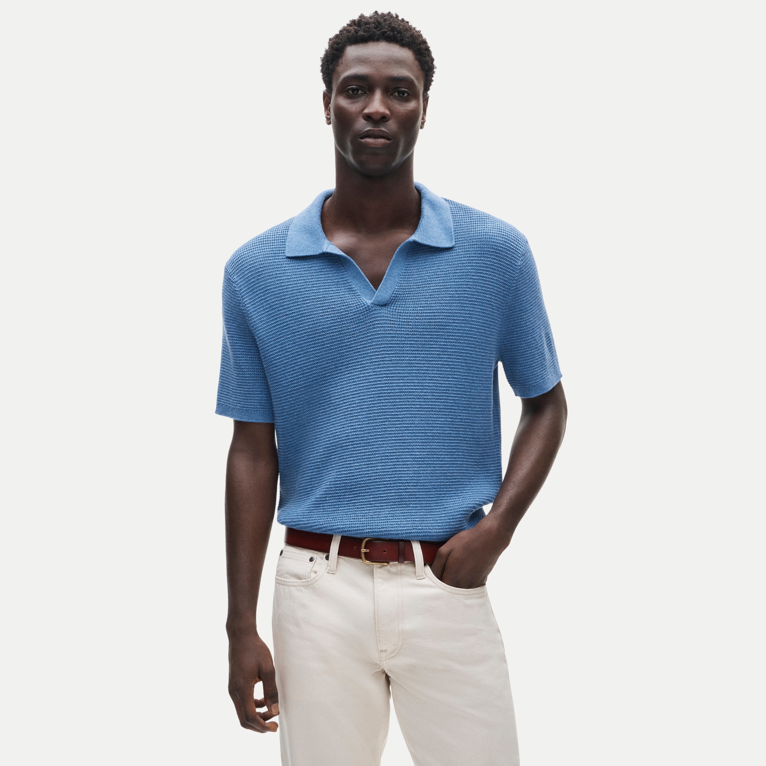 Short-sleeve cotton waffle-knit johnny-collar sweater-polo