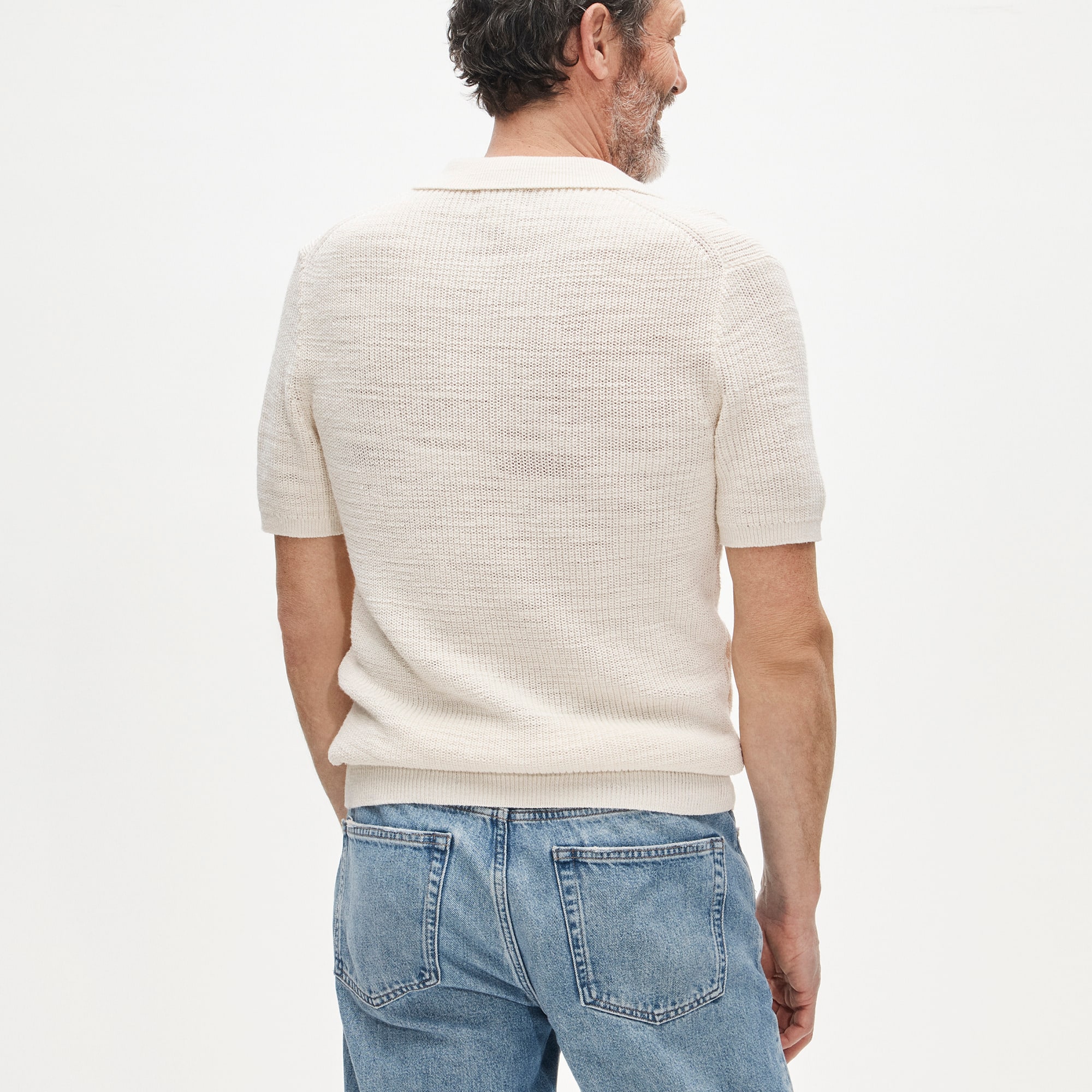 Short-sleeve cotton waffle-knit johnny-collar sweater-polo