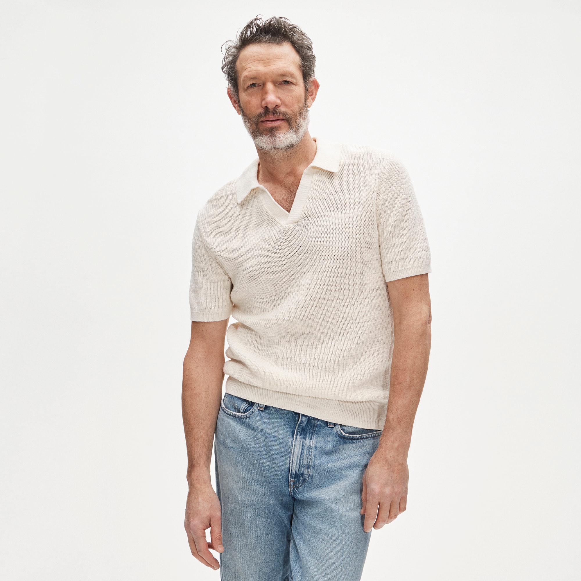 Short-sleeve cotton waffle-knit johnny-collar sweater-polo
