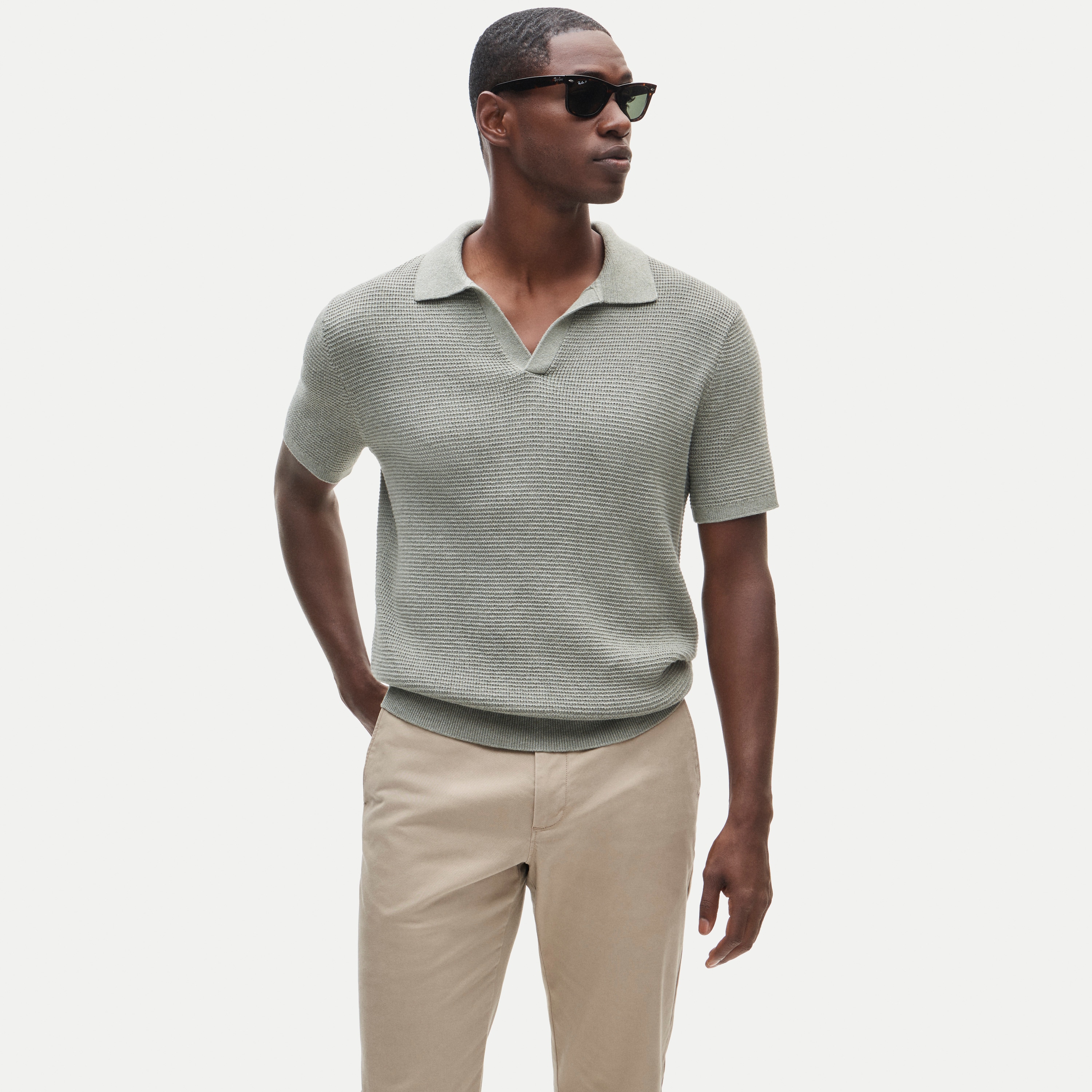 Short-sleeve cotton waffle-knit johnny-collar sweater-polo