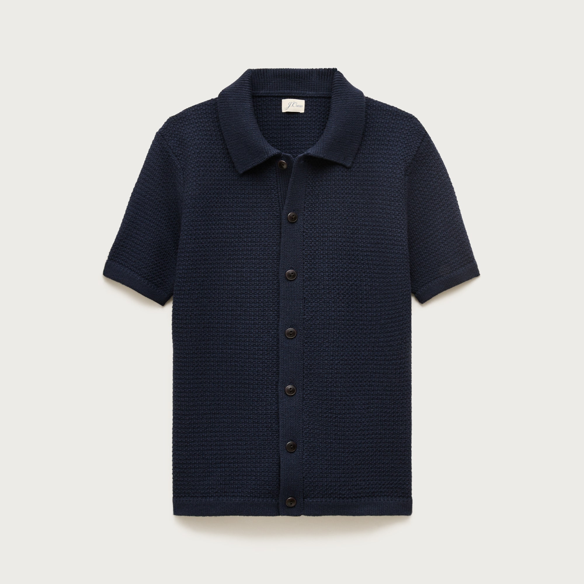  Short-sleeve cotton waffle-knit polo cardigan sweater
