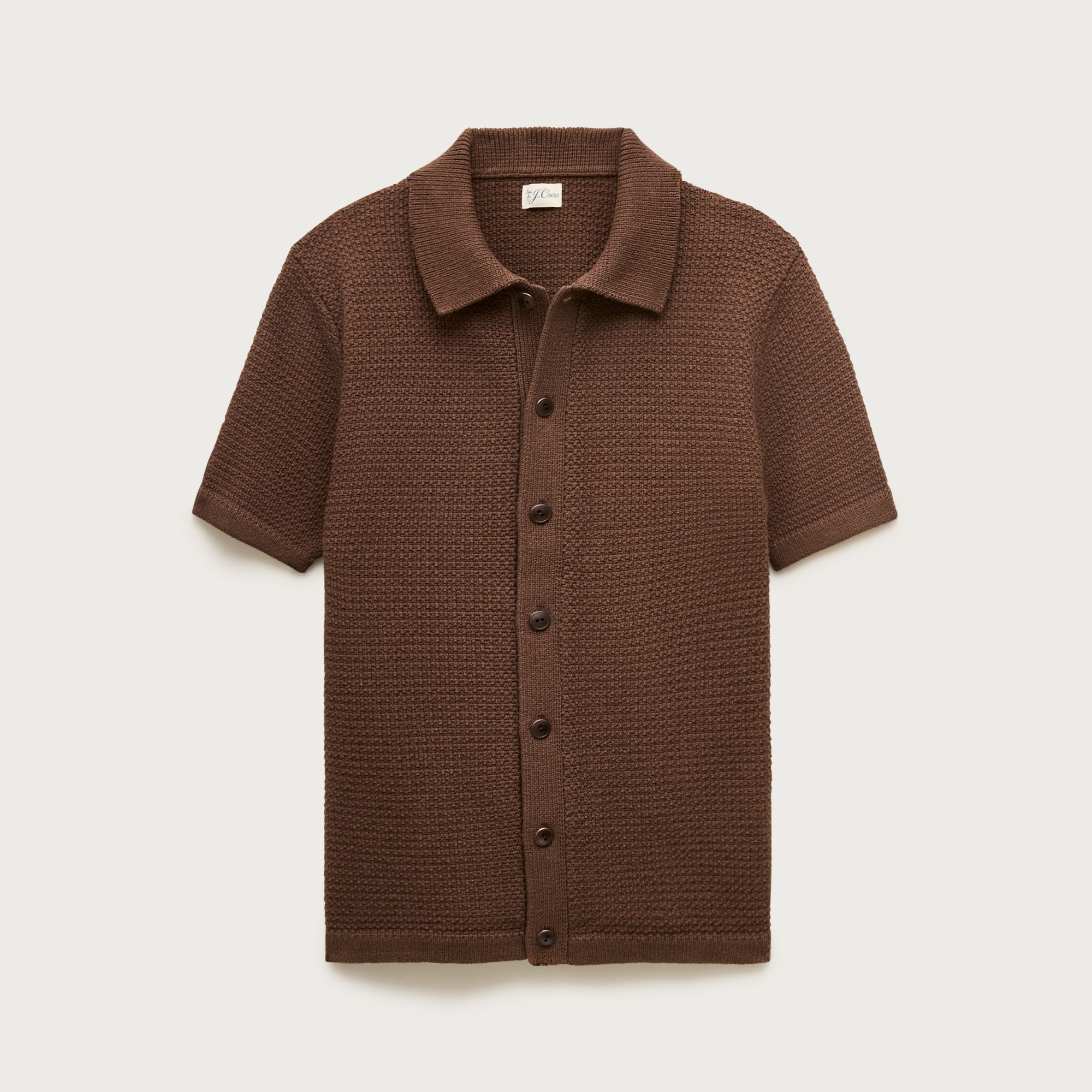  Short-sleeve cotton waffle-knit polo cardigan sweater