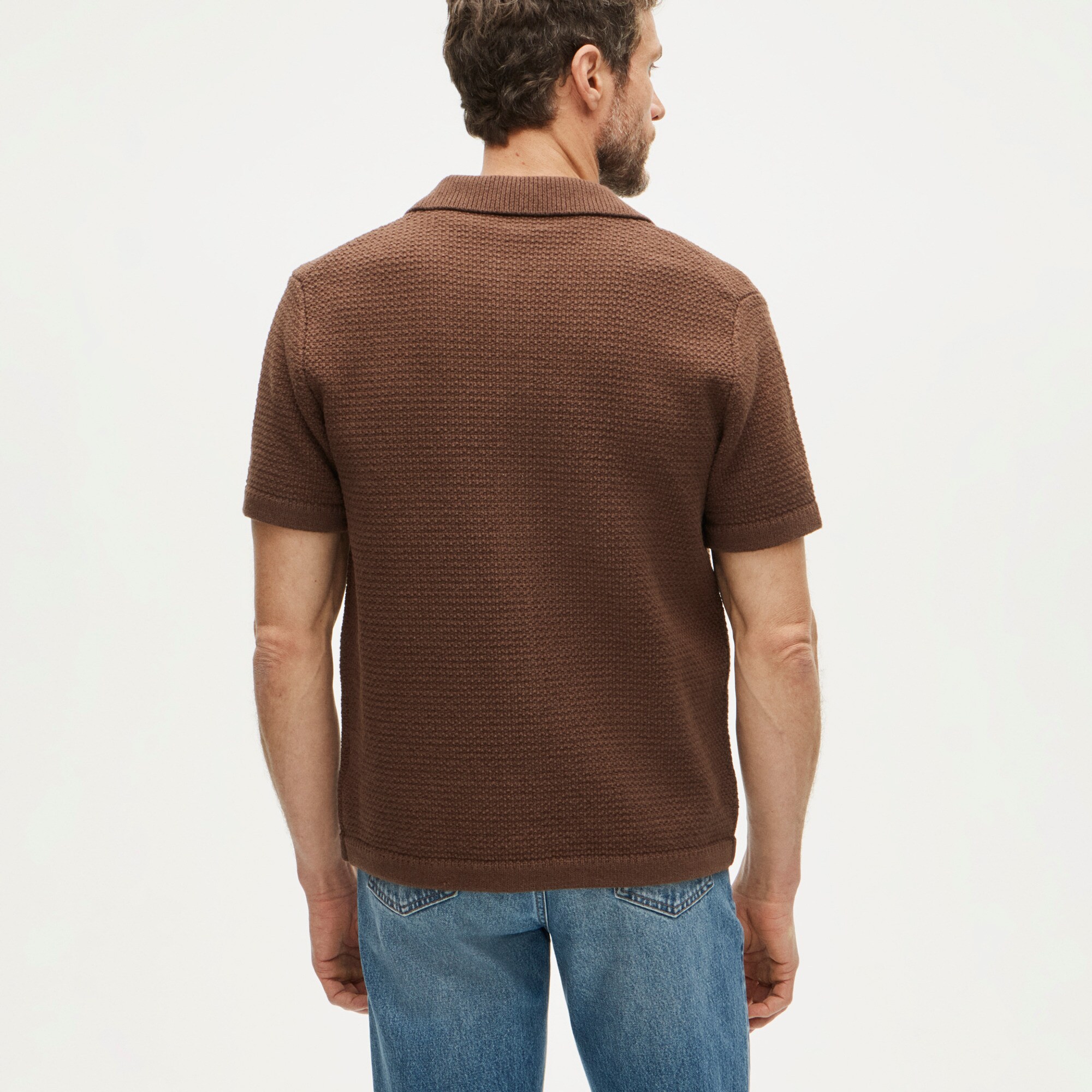 Short-sleeve cotton waffle-knit polo cardigan sweater