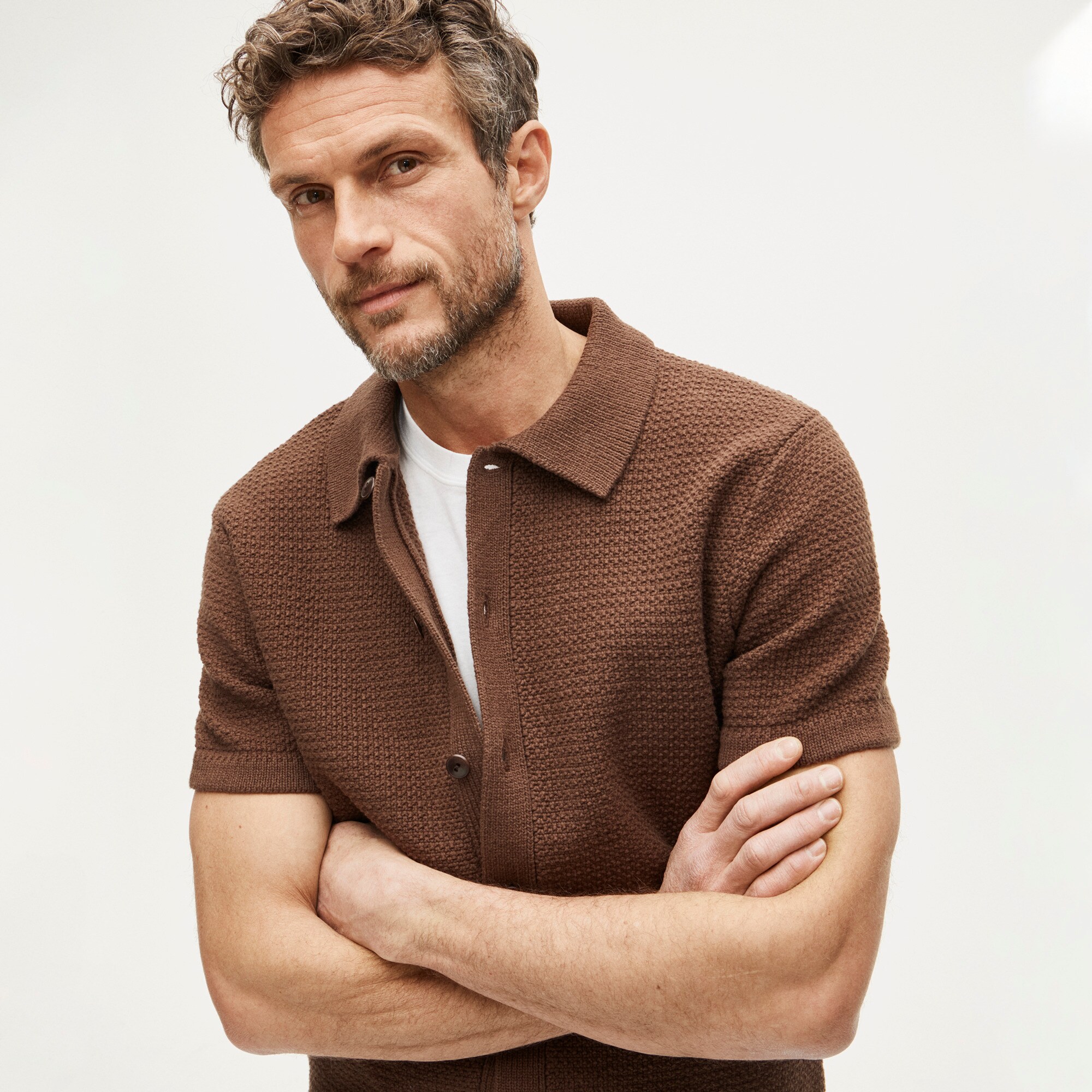 Short-sleeve cotton waffle-knit polo cardigan sweater