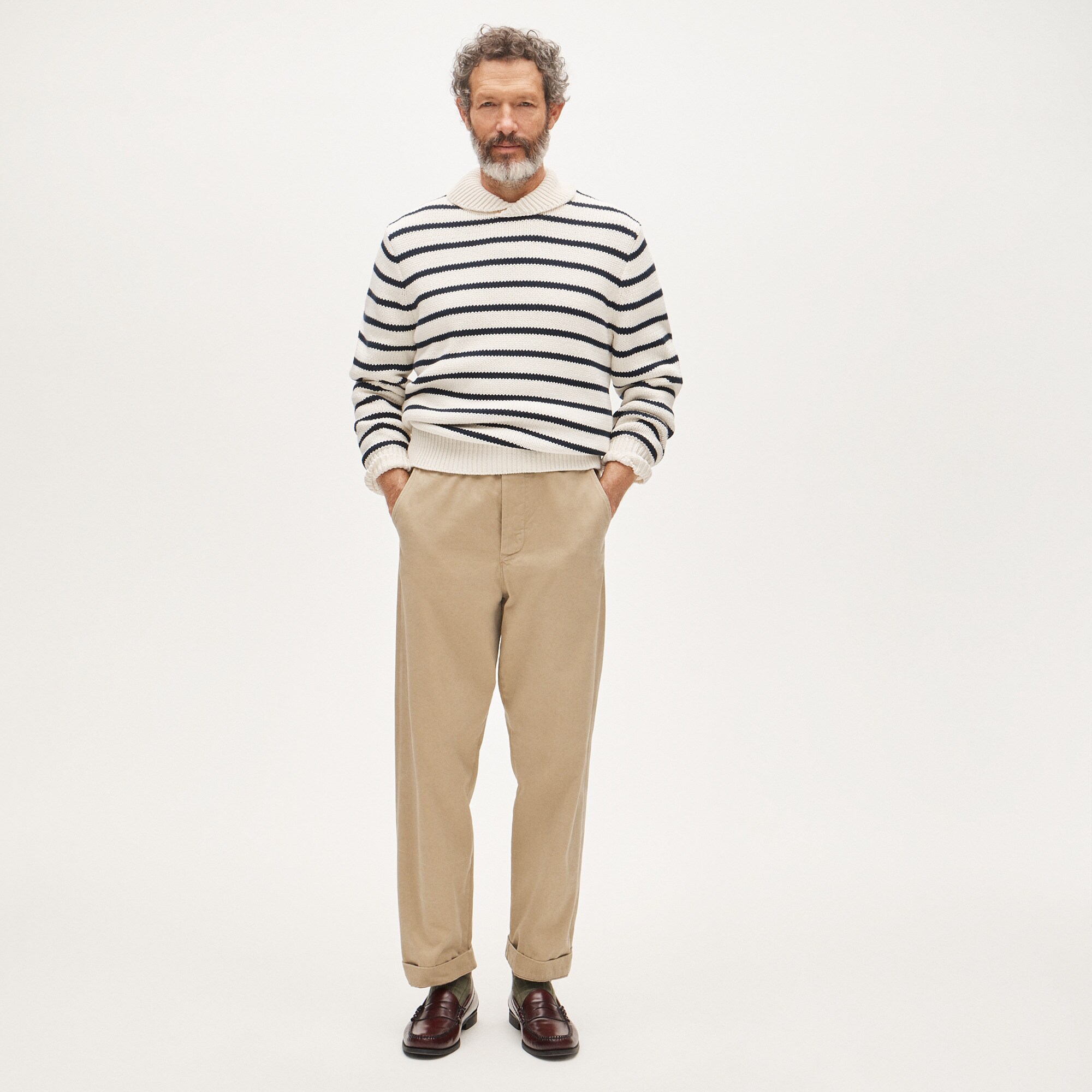 Cotton shawl-collar sweater in stripe