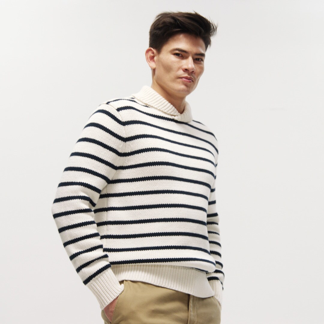 Cotton shawl-collar sweater in stripe
