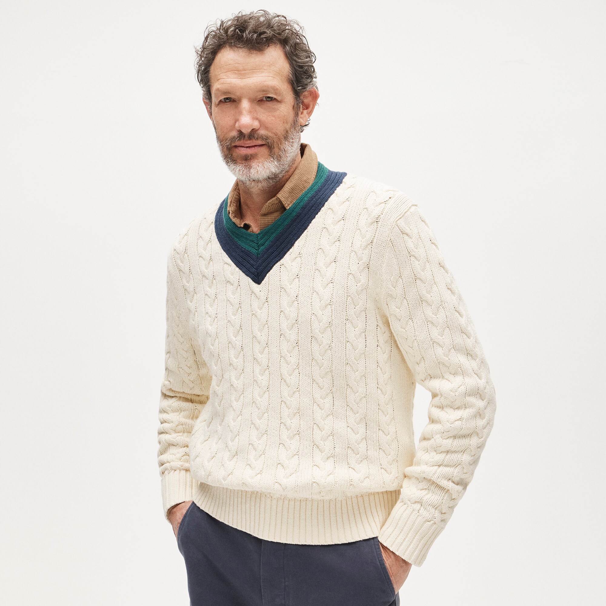 Cable-knit V-neck sweater in cotton