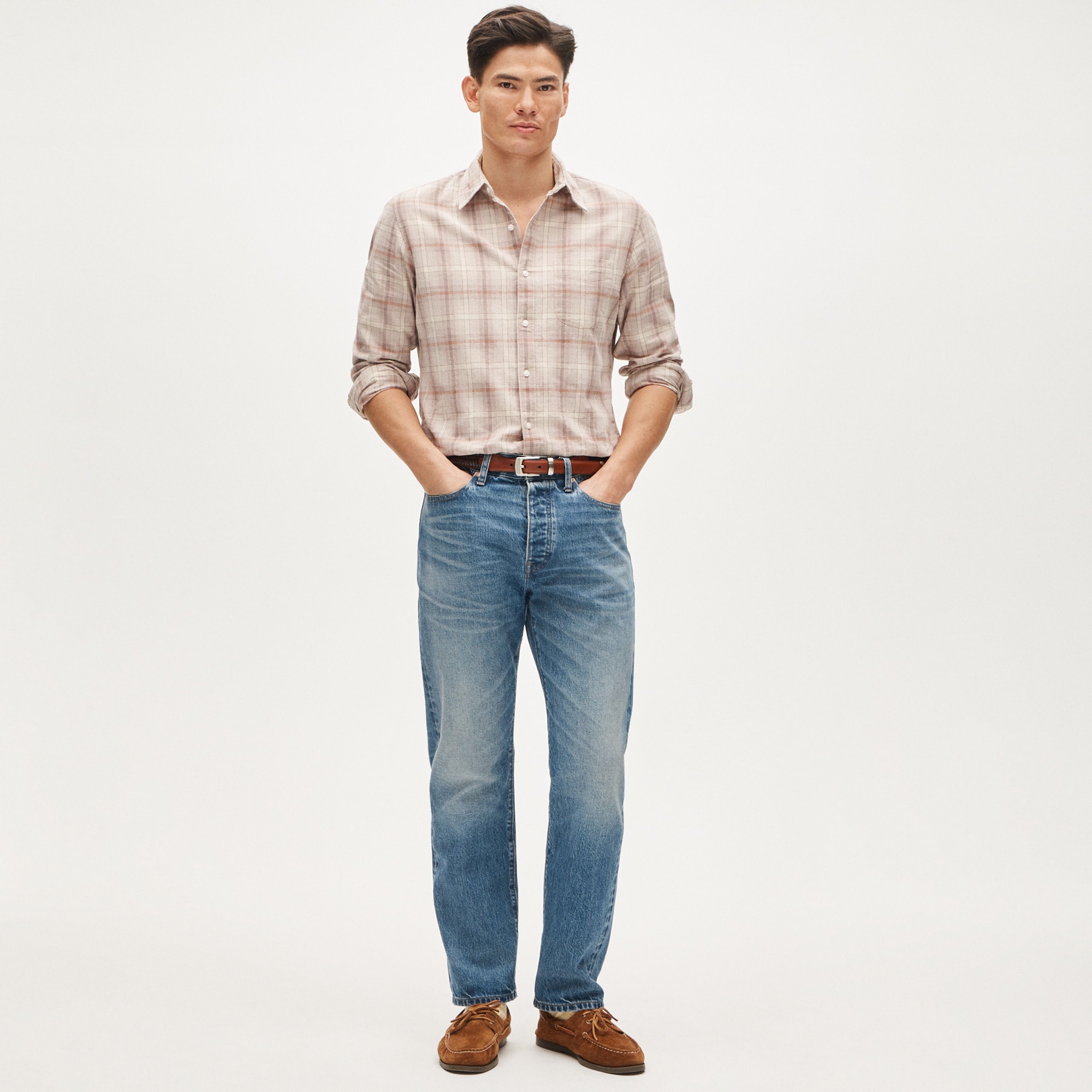 Linen-cotton blend shirt in shadow plaid