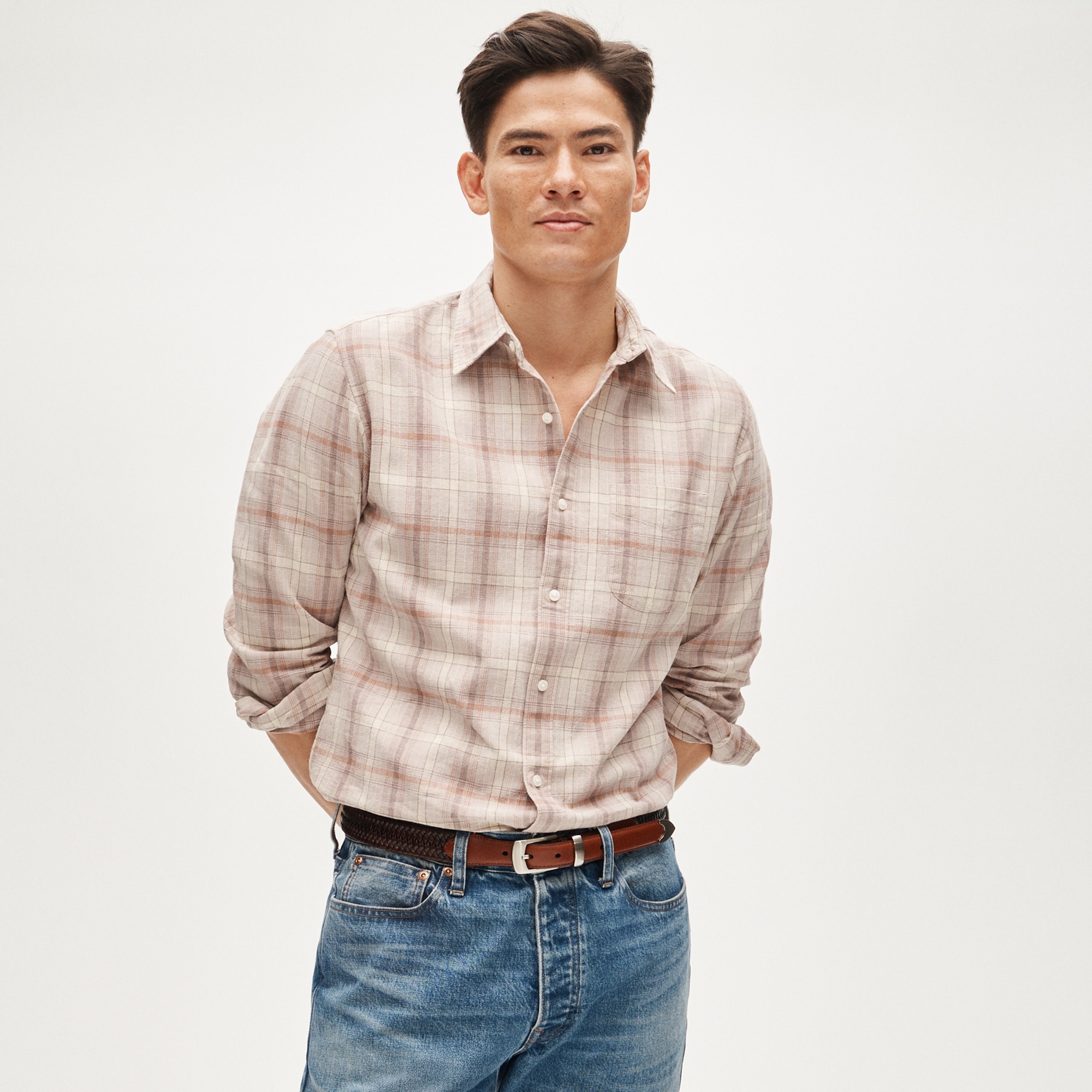 mens Linen-cotton blend shirt in shadow plaid