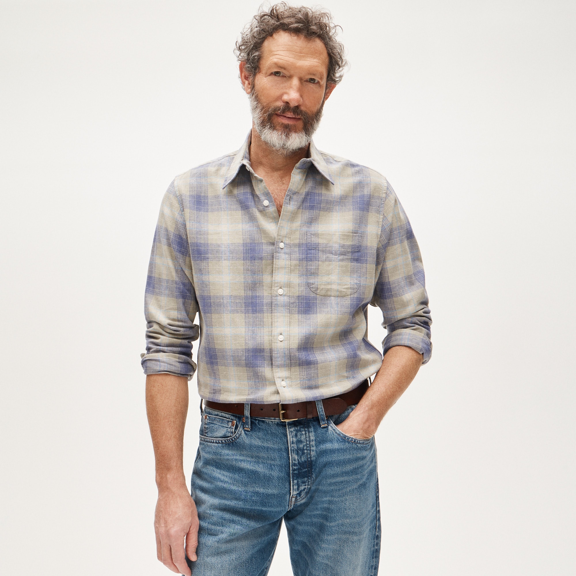 Linen-cotton blend shirt in shadow plaid