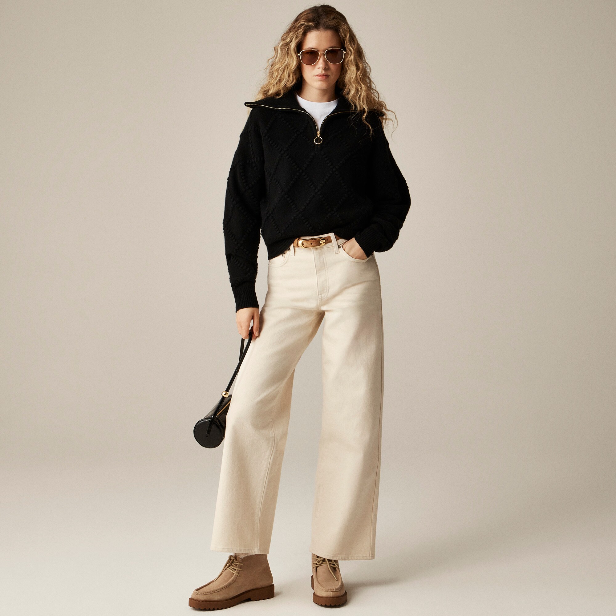 Popcorn-stitch quarter-zip sweater in vintage wool