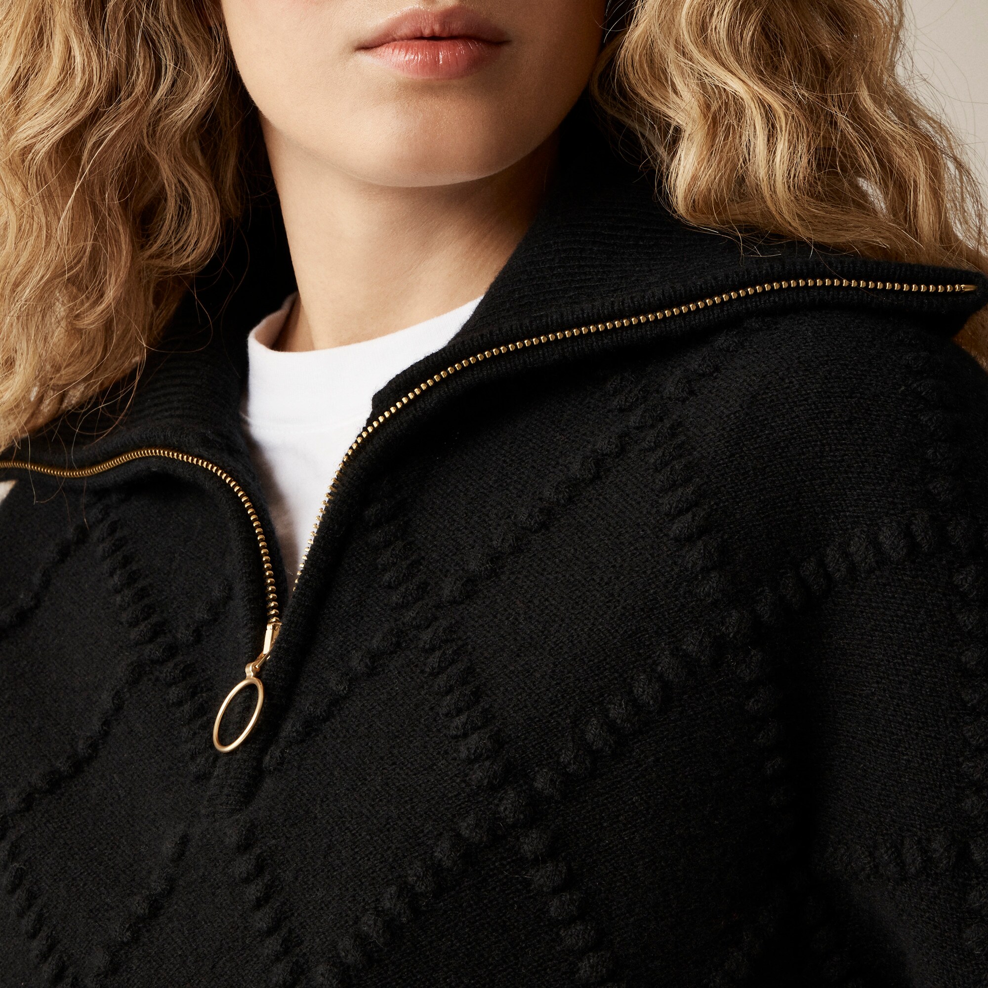 Popcorn-stitch quarter-zip sweater in vintage wool