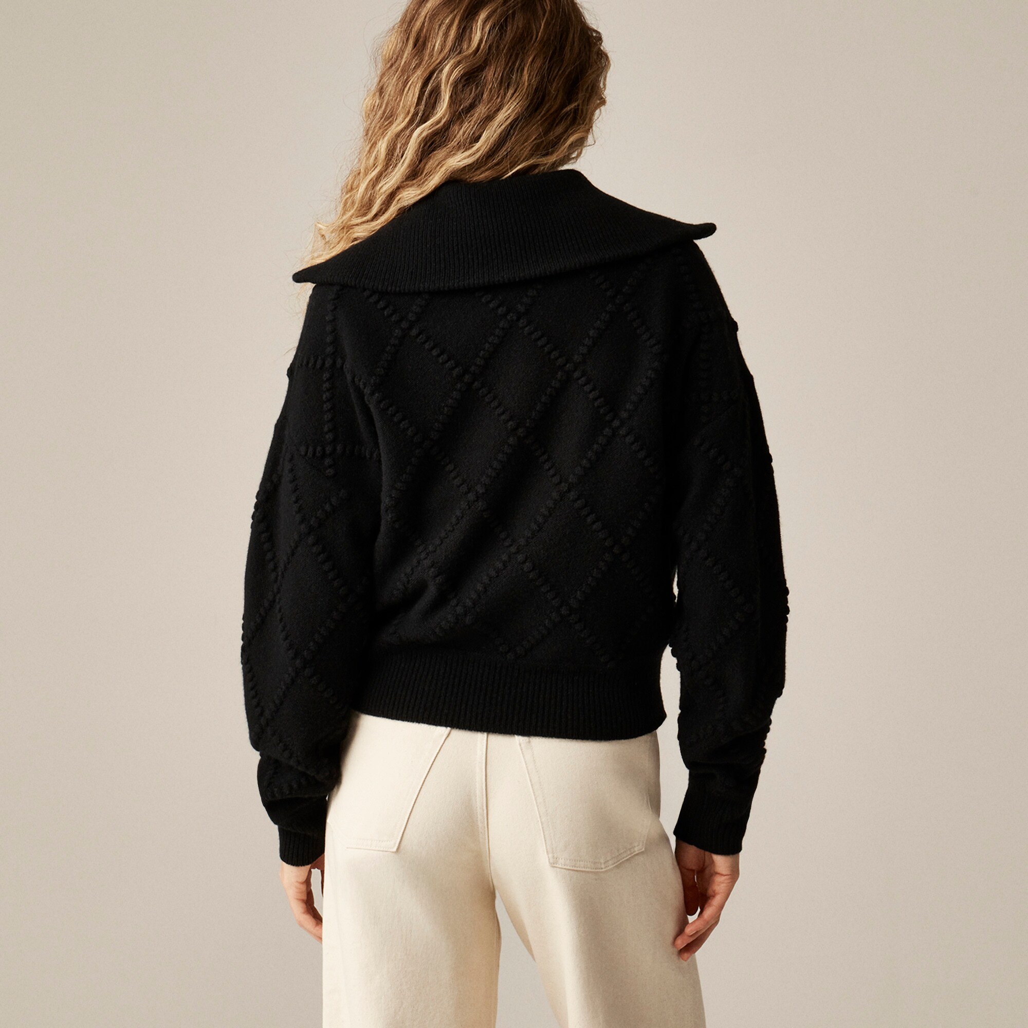 Popcorn-stitch quarter-zip sweater in vintage wool