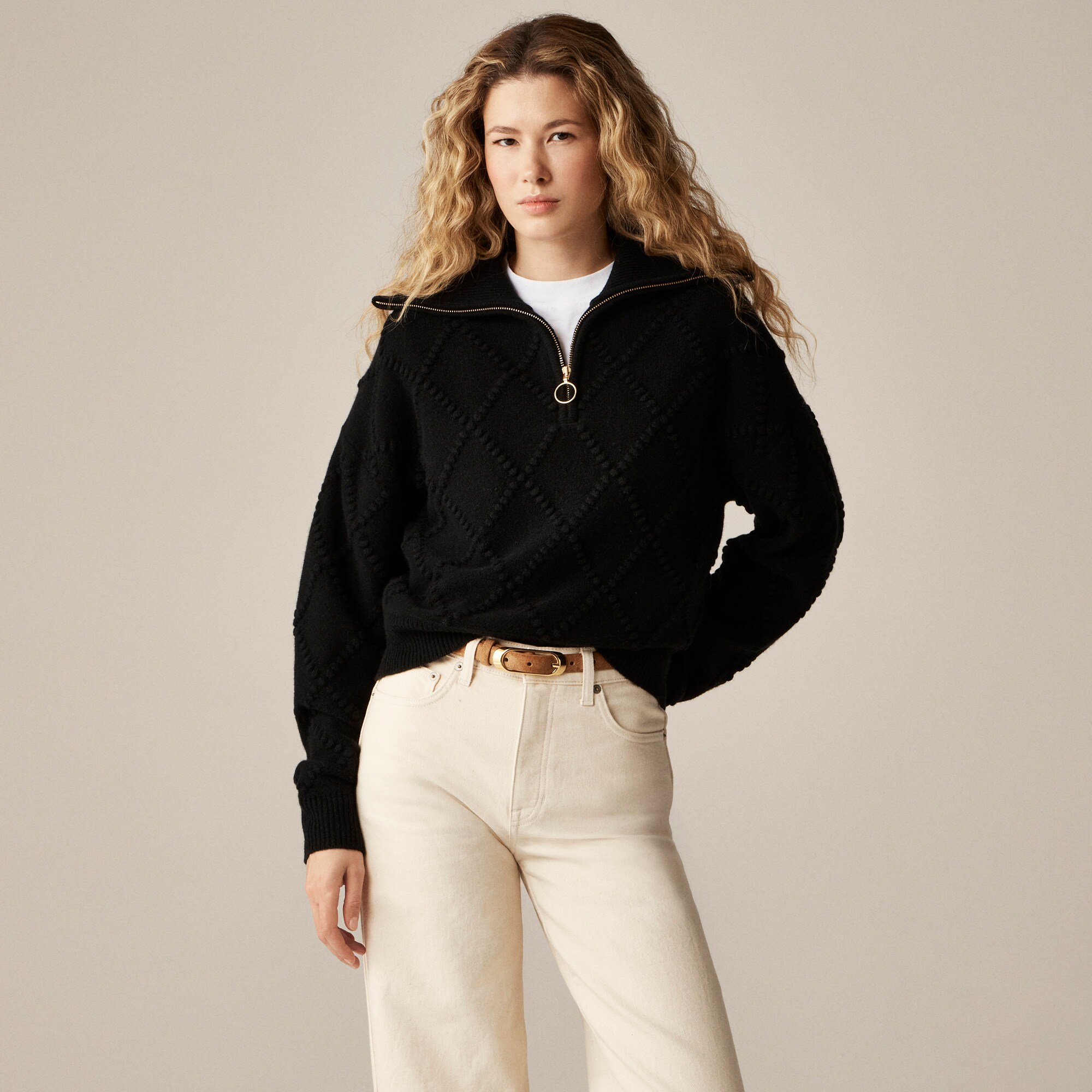 Popcorn-stitch quarter-zip sweater in vintage wool