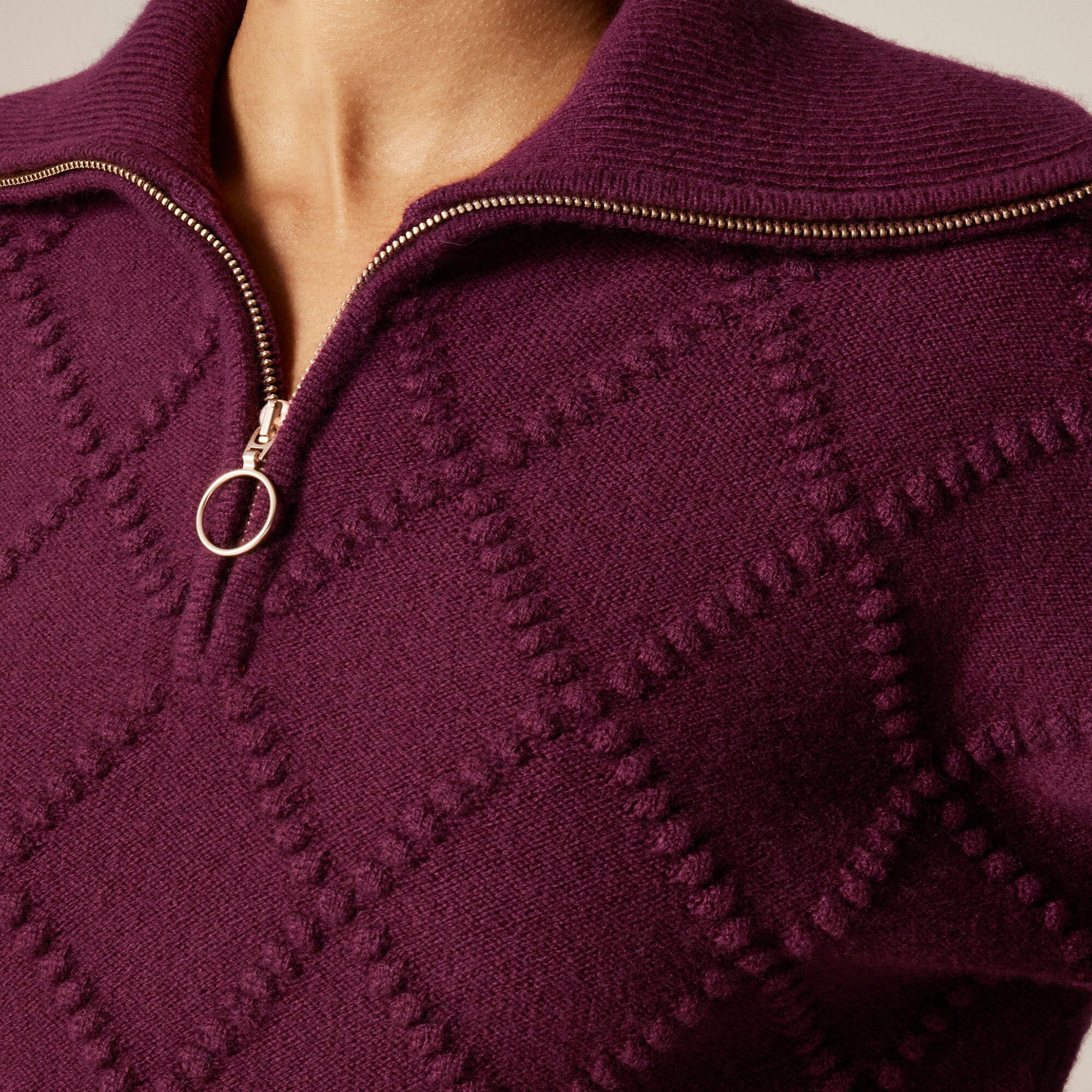 Popcorn-stitch quarter-zip sweater in vintage wool