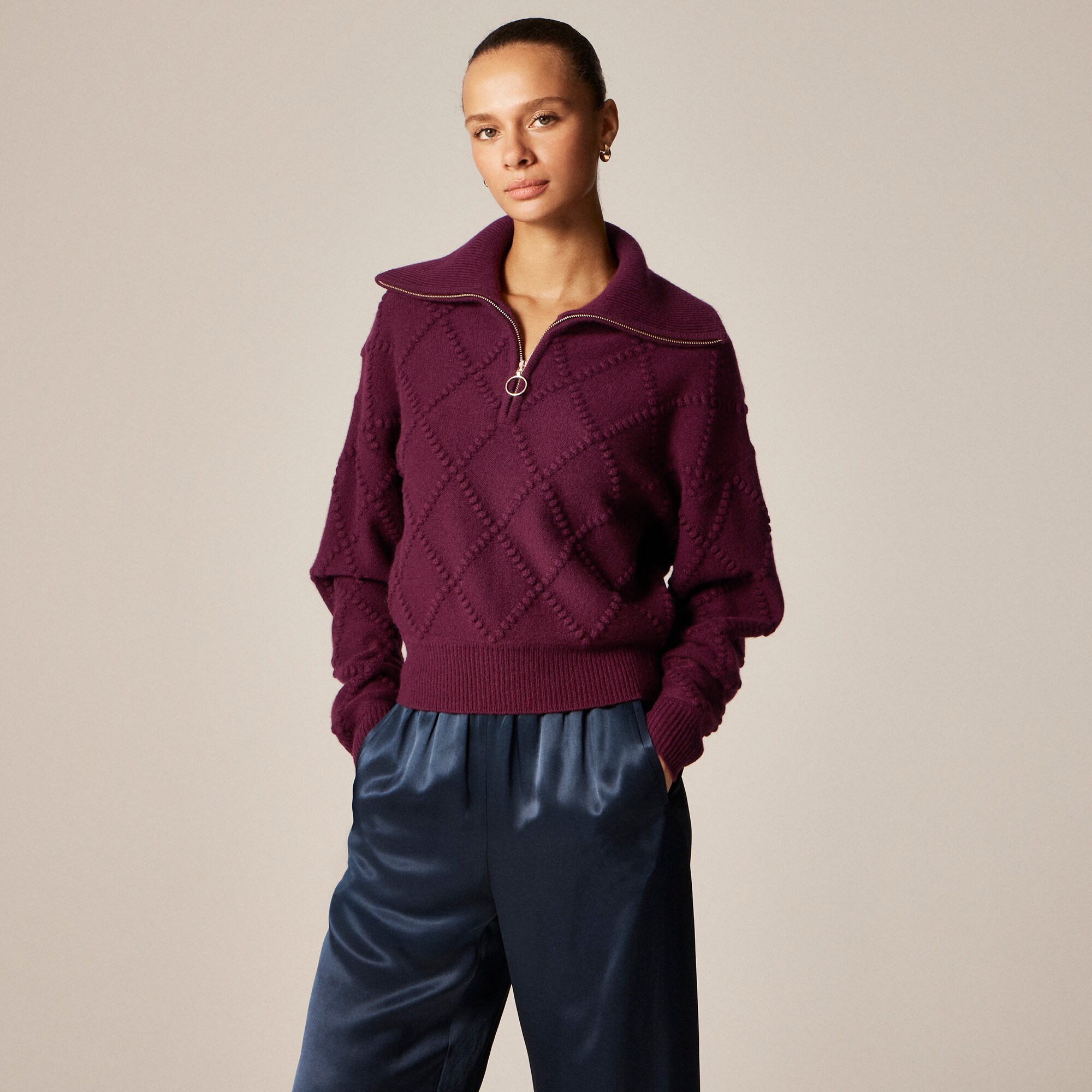 Popcorn-stitch quarter-zip sweater in vintage wool