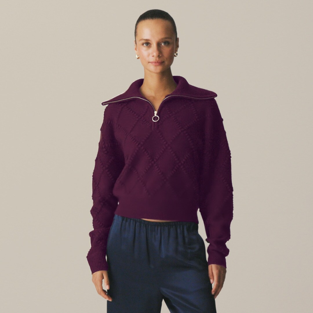 Popcorn-stitch quarter-zip sweater in vintage wool