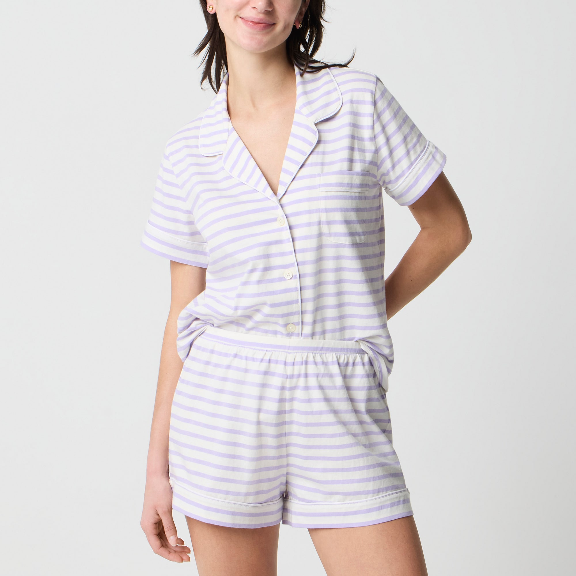Striped knit short-sleeve top and pants pajama set