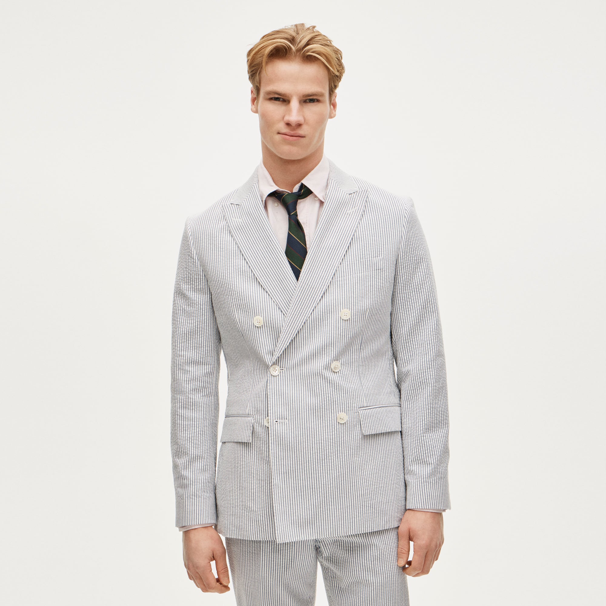 Ludlow Slim-fit double-breasted suit jacket in cotton seersucker