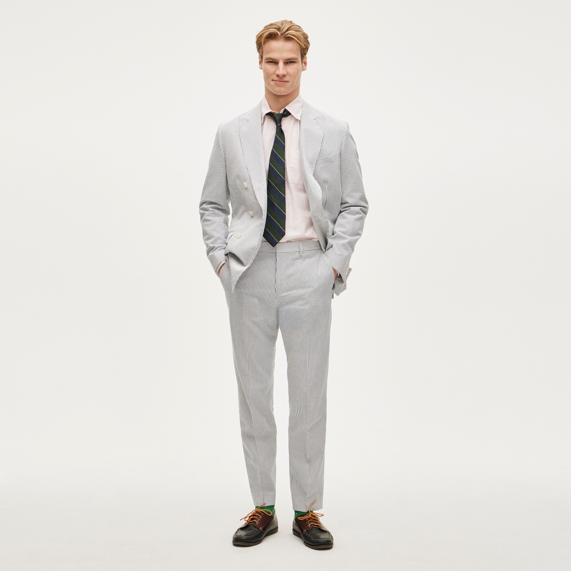  Ludlow Slim-fit double-breasted suit jacket in cotton seersucker