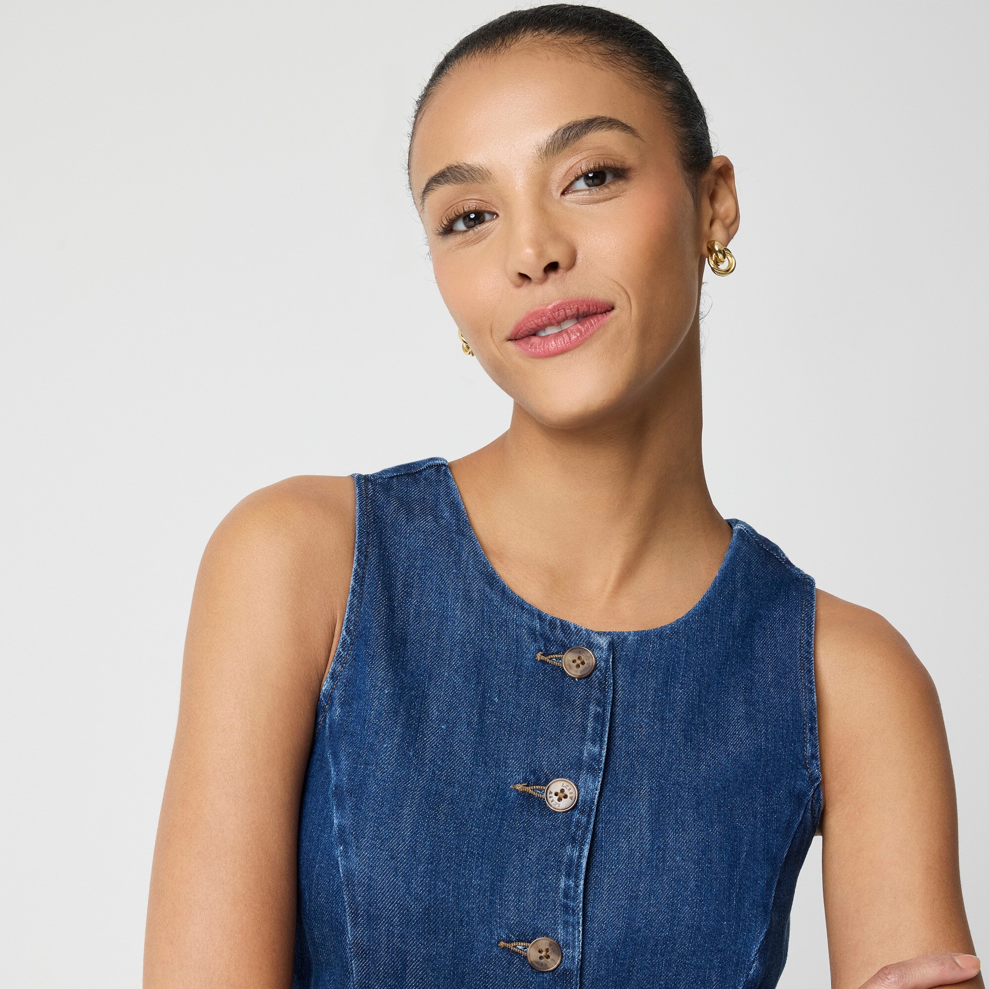 Long denim button-front vest