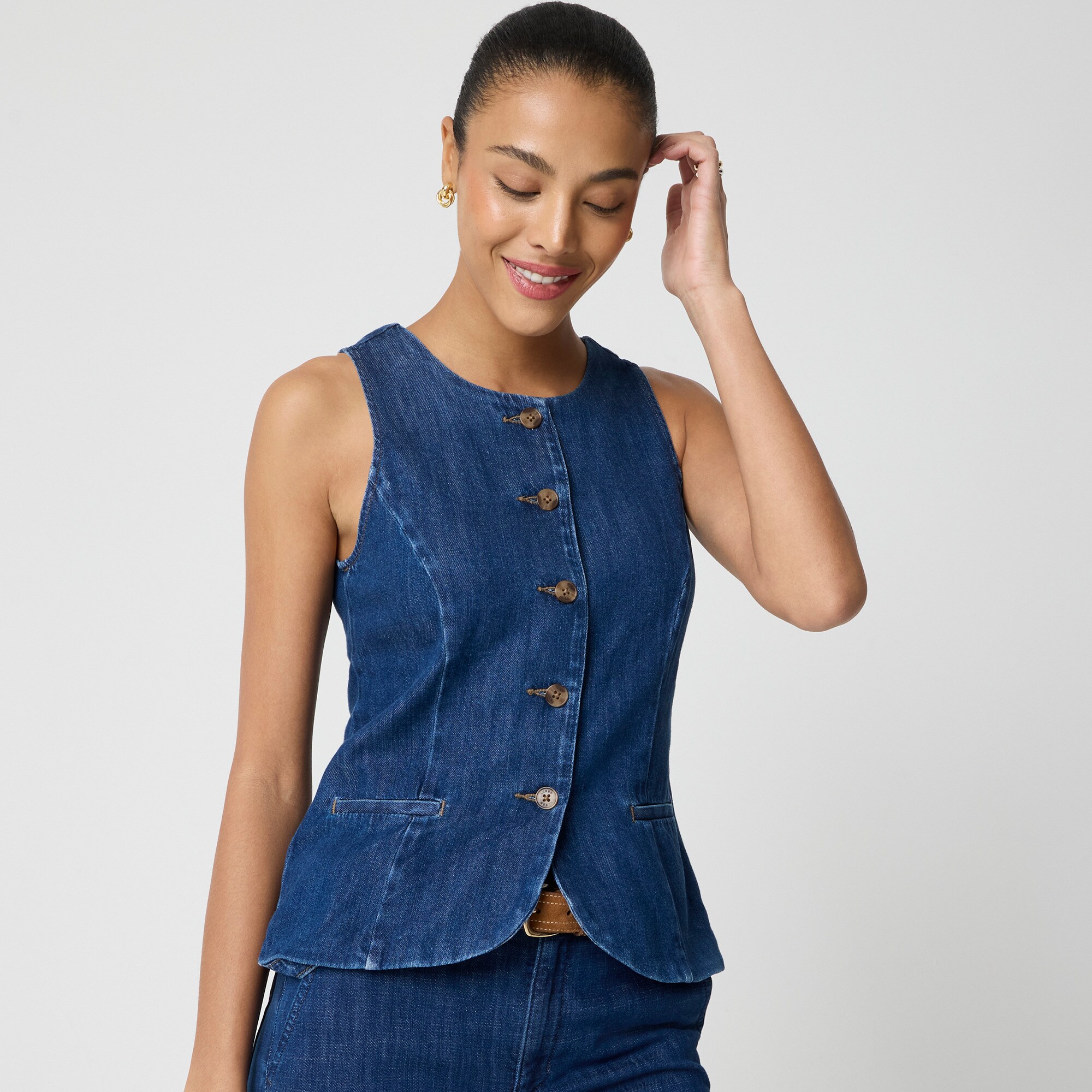 Long denim button-front vest