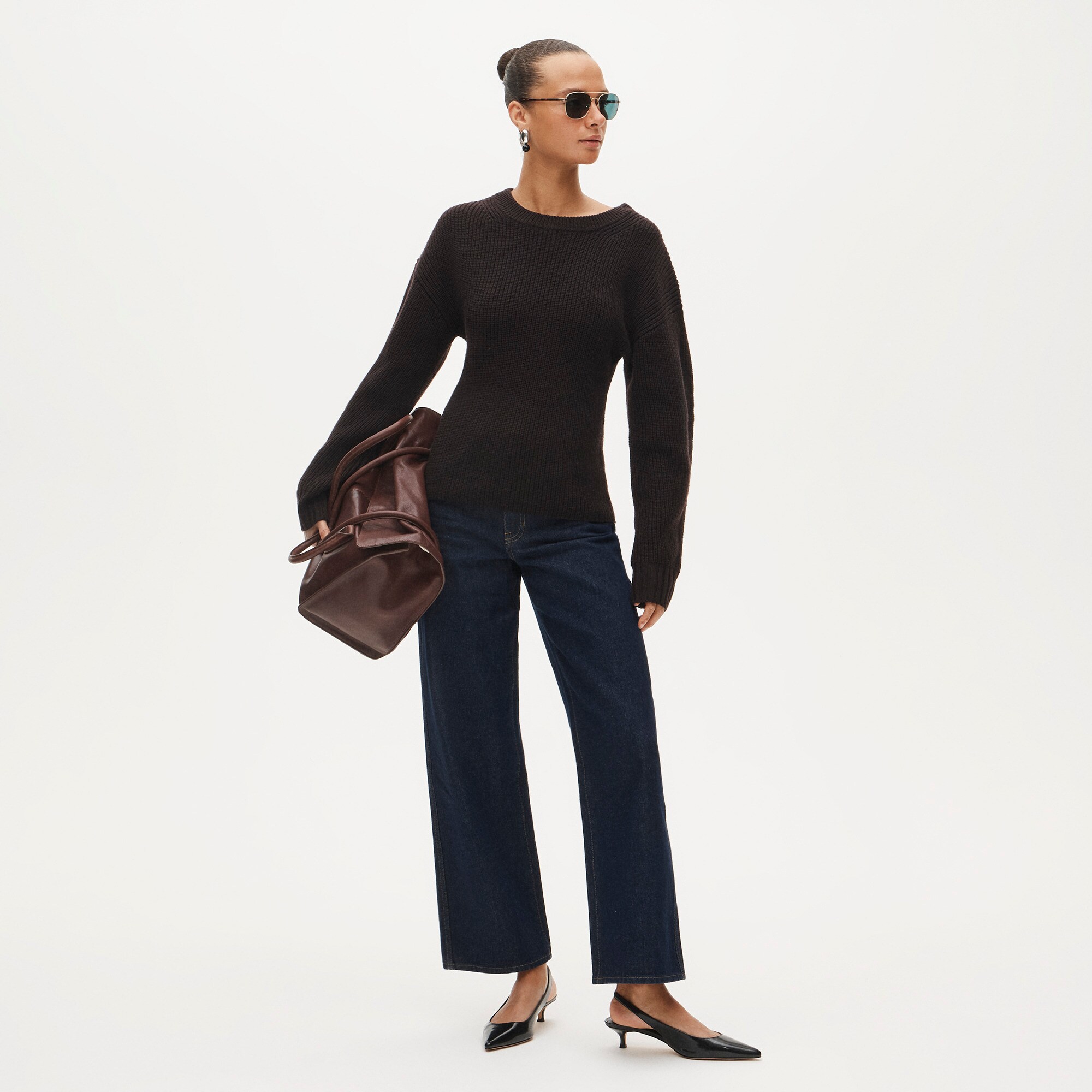 Fitted-waist crewneck sweater in ribbed merino wool