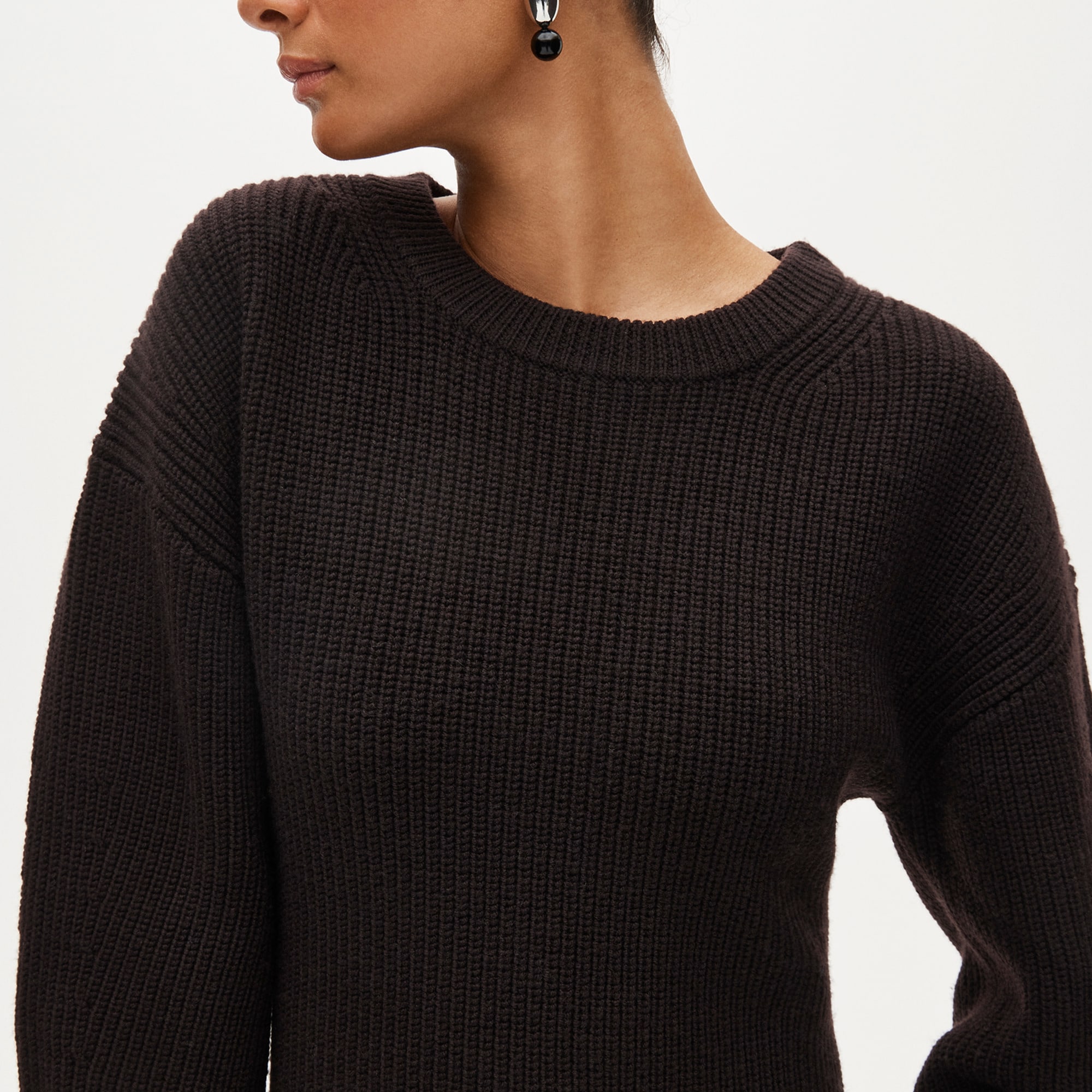 Fitted-waist crewneck sweater in ribbed merino wool