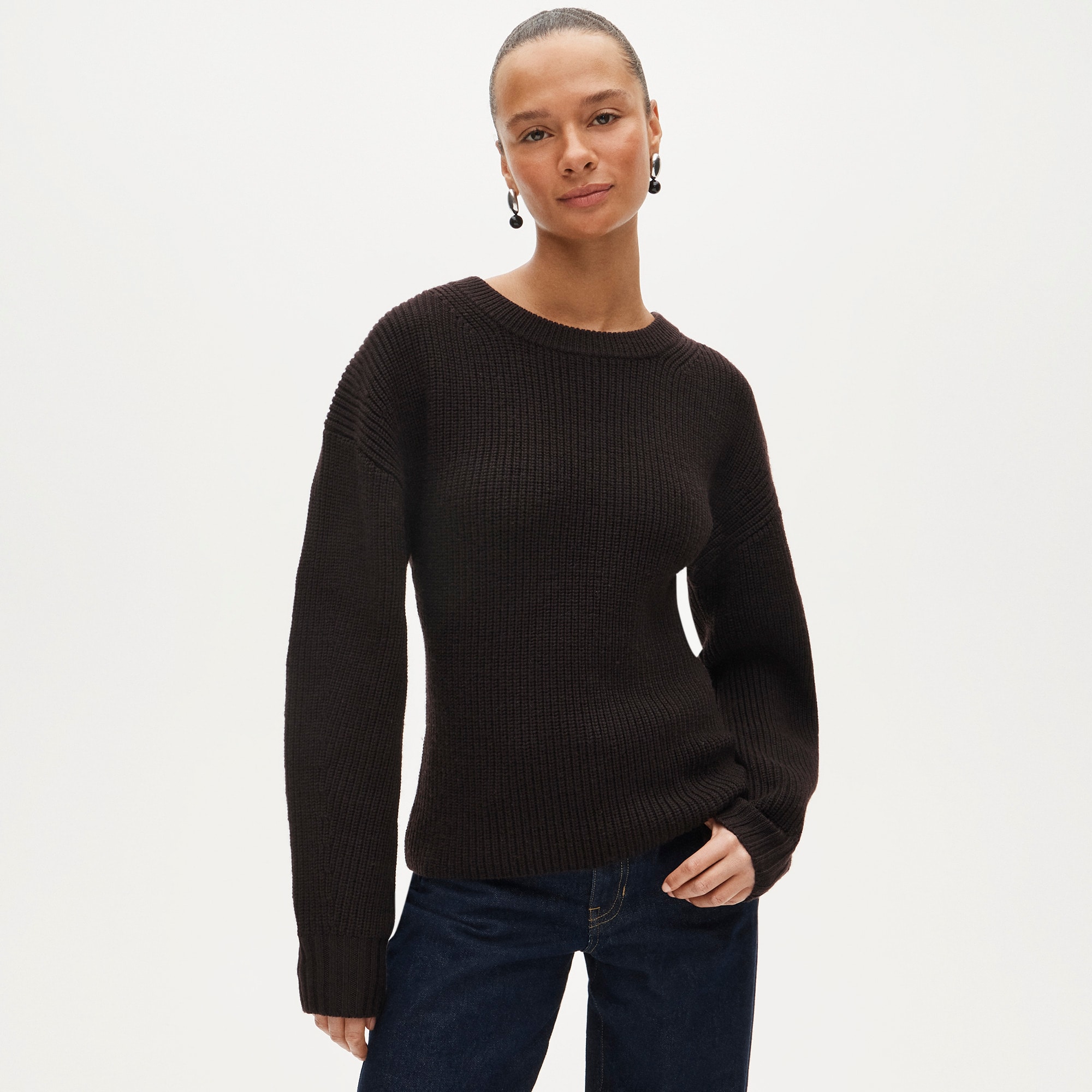 womens Fitted-waist crewneck sweater in ribbed merino wool