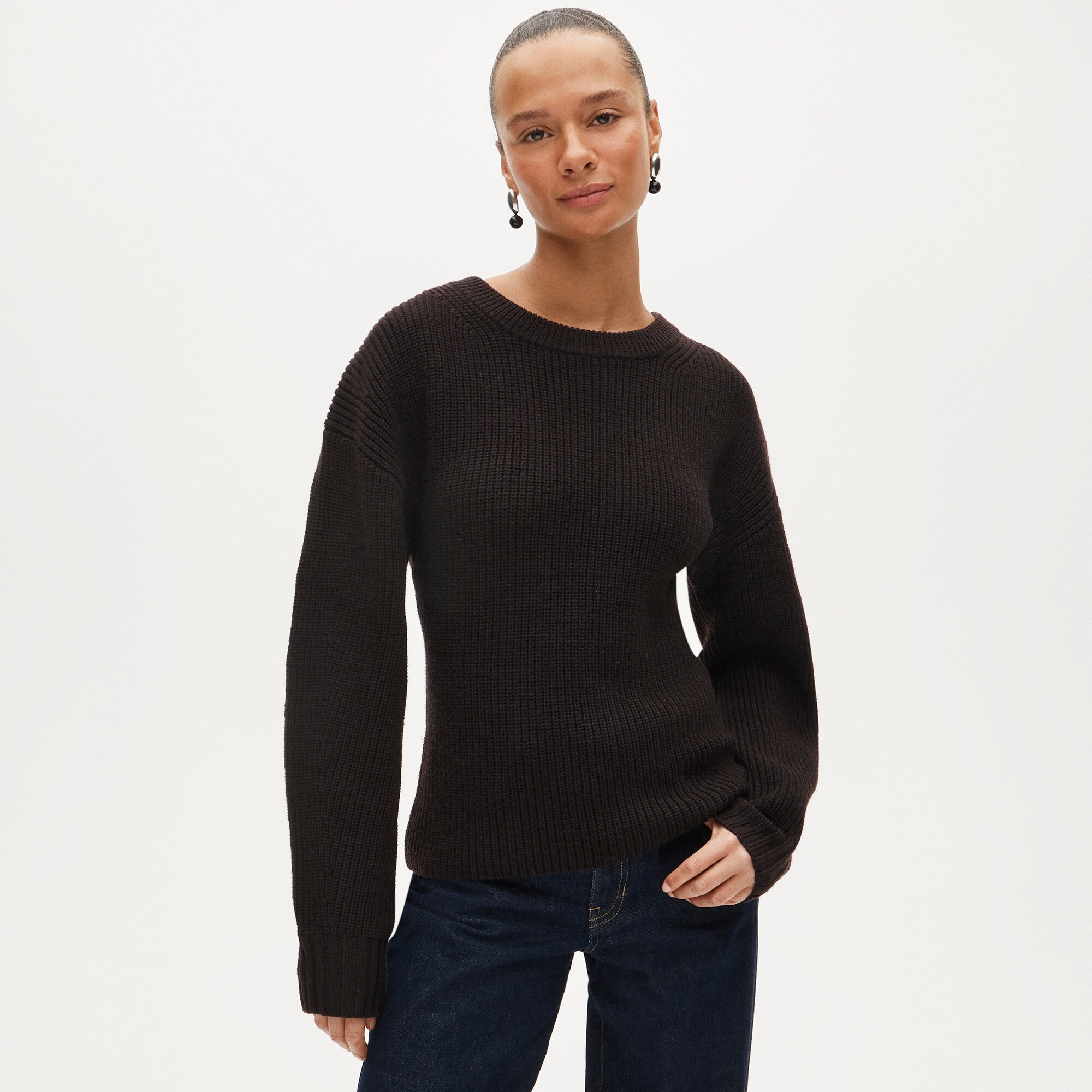 womens Fitted-waist crewneck sweater in ribbed merino wool