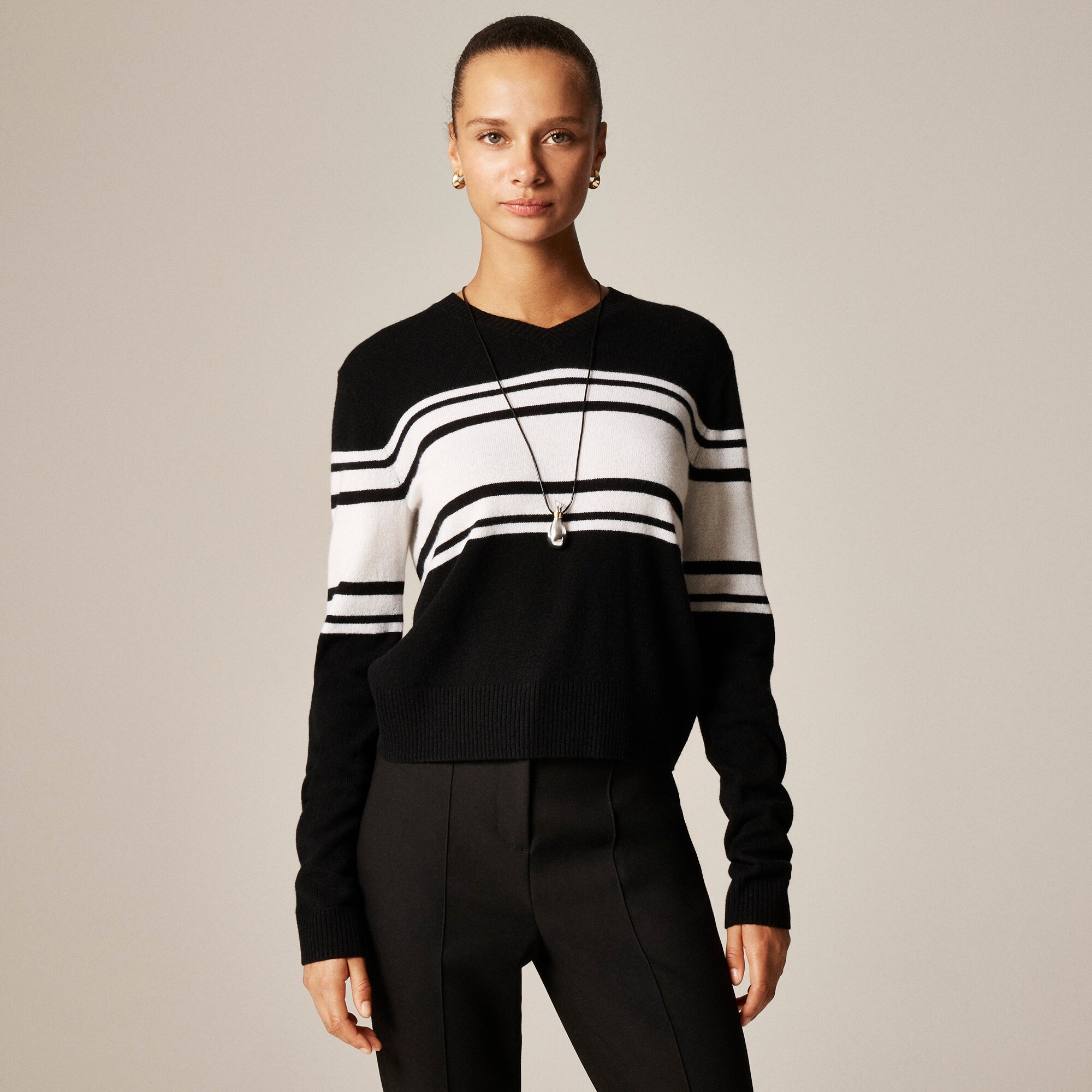 Cashmere High V-neck Sweater In Stripe For Women | J.Crew