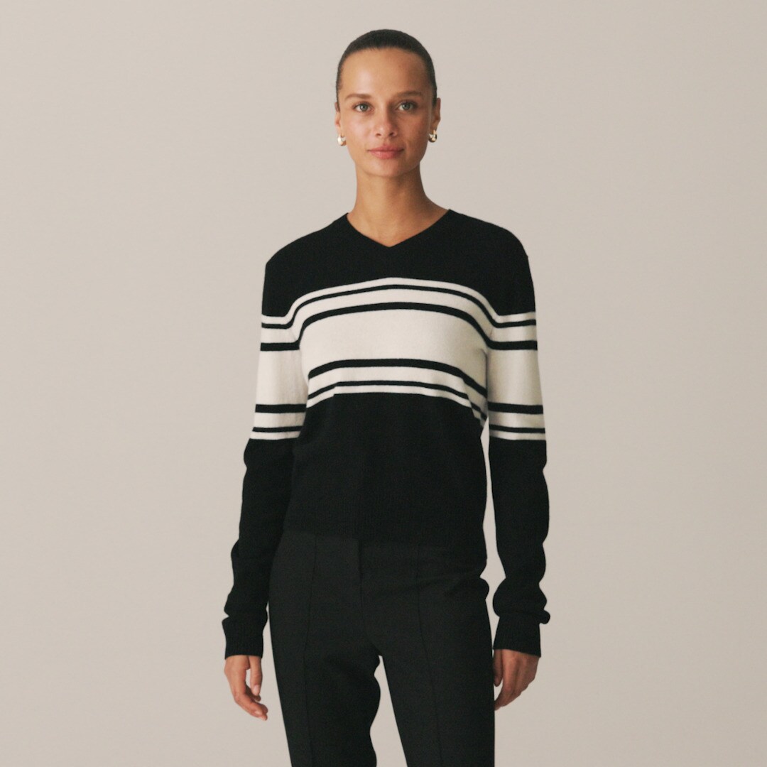 Cashmere high V-neck sweater in stripe