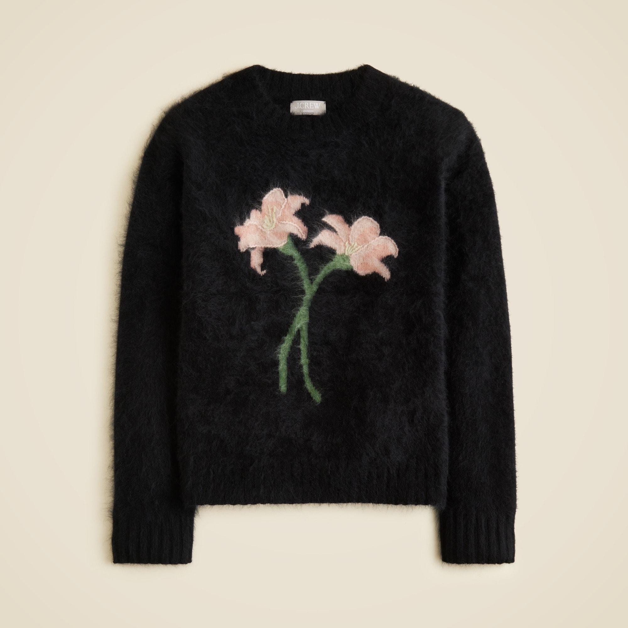 Brushed cashmere relaxed crewneck sweater with floral intarsia
