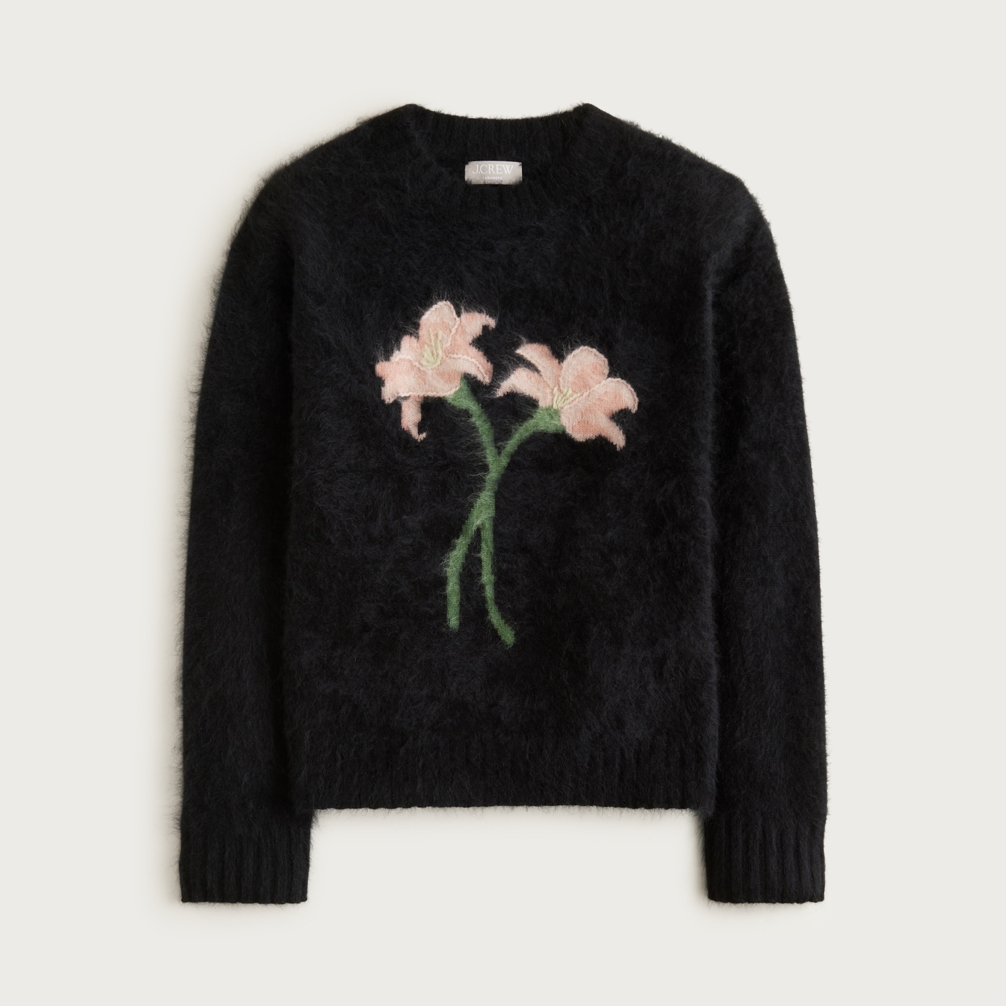 Brushed cashmere relaxed crewneck sweater with floral intarsia