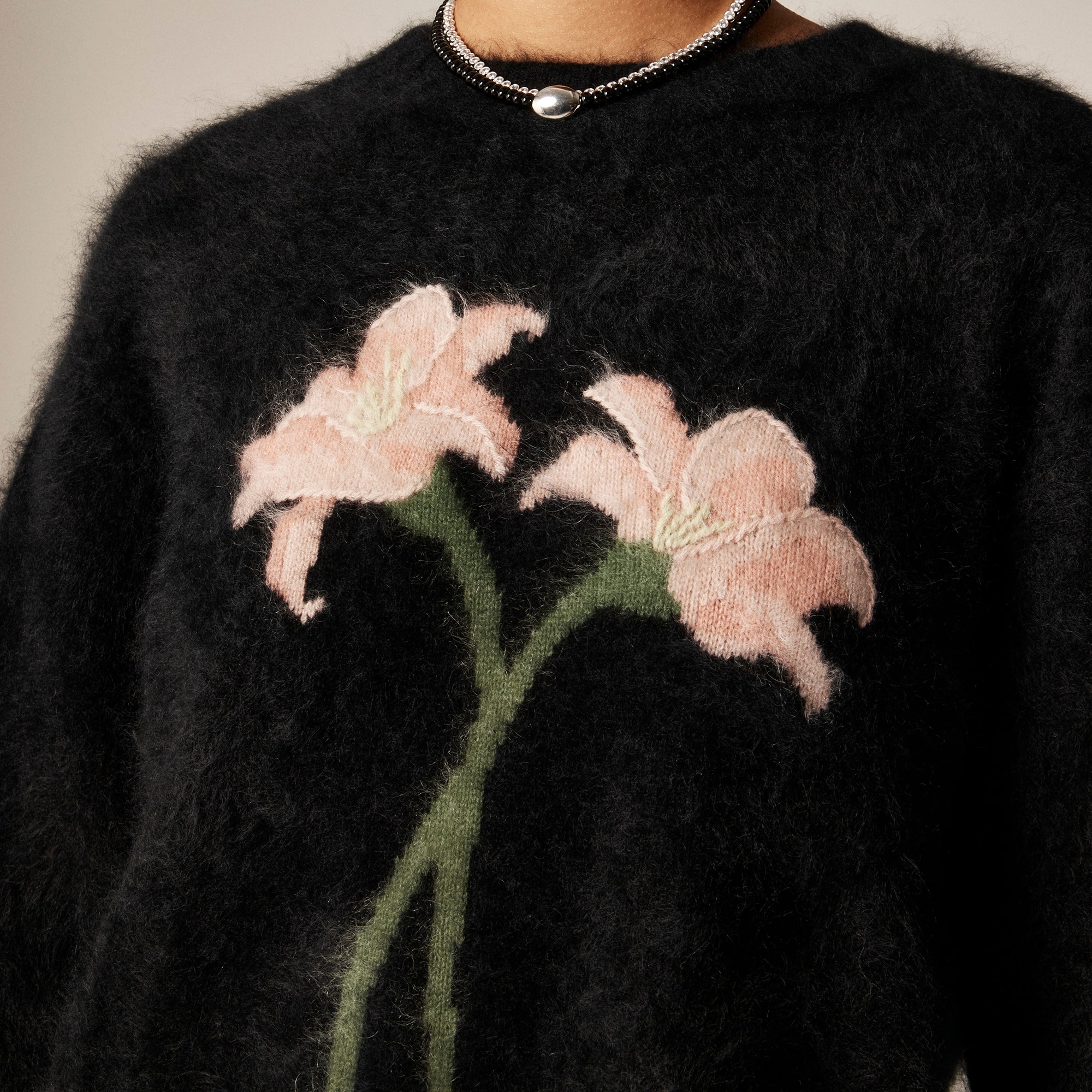 Brushed cashmere relaxed crewneck sweater with floral intarsia