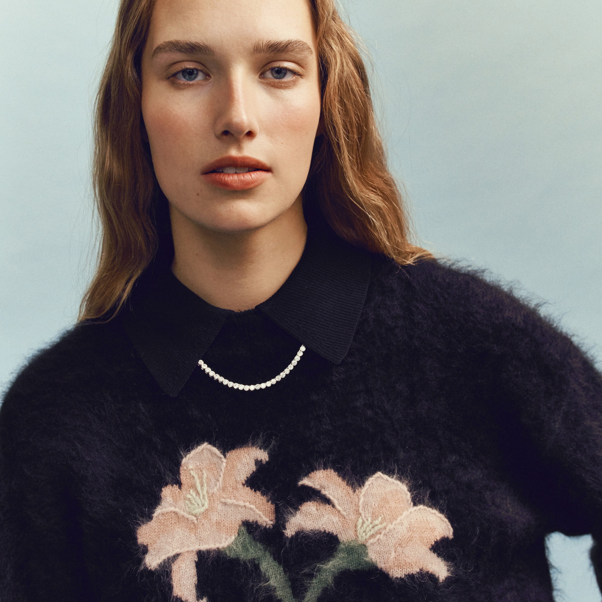 womens Brushed cashmere relaxed crewneck sweater with floral intarsia