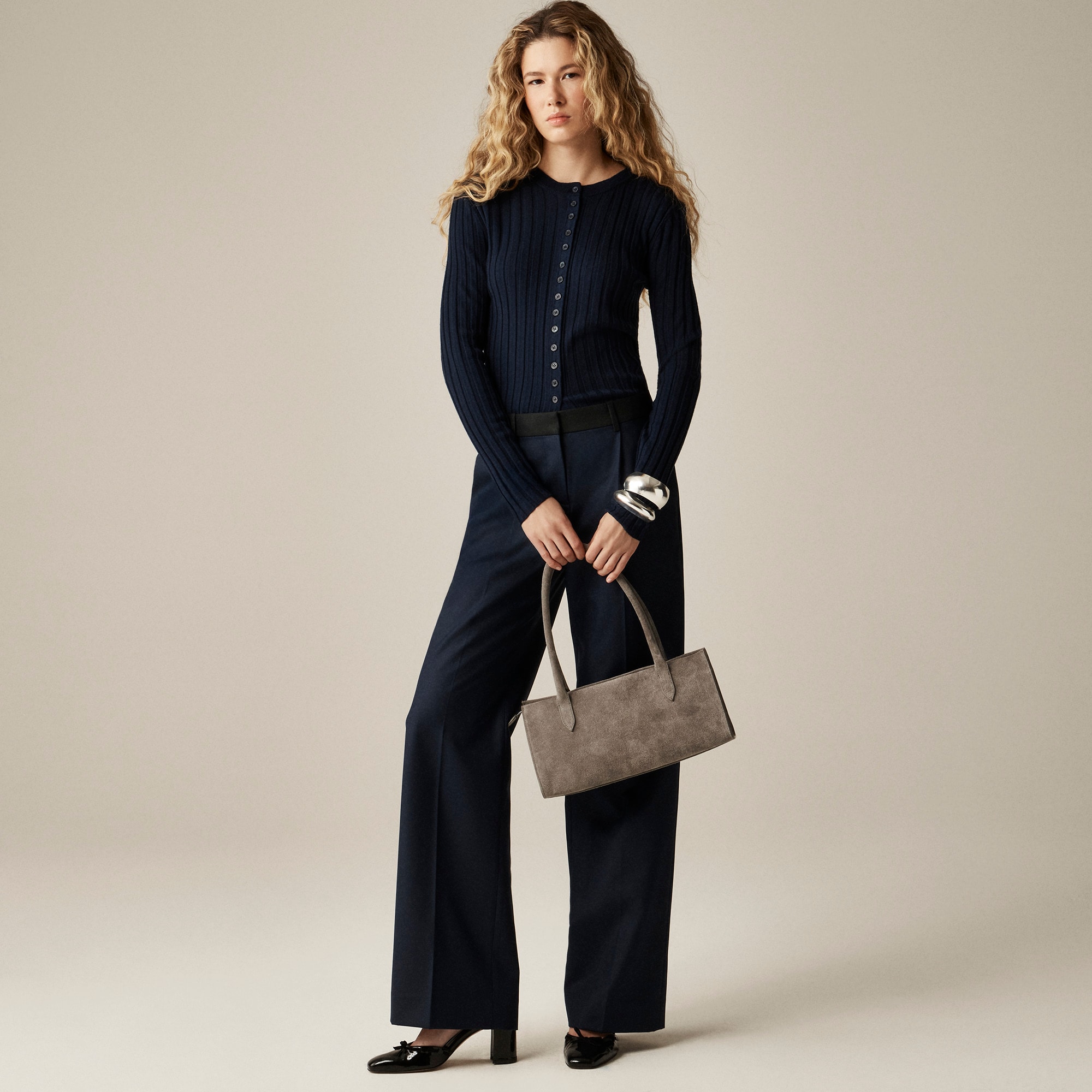 Wide-rib fitted cardigan top in merino wool