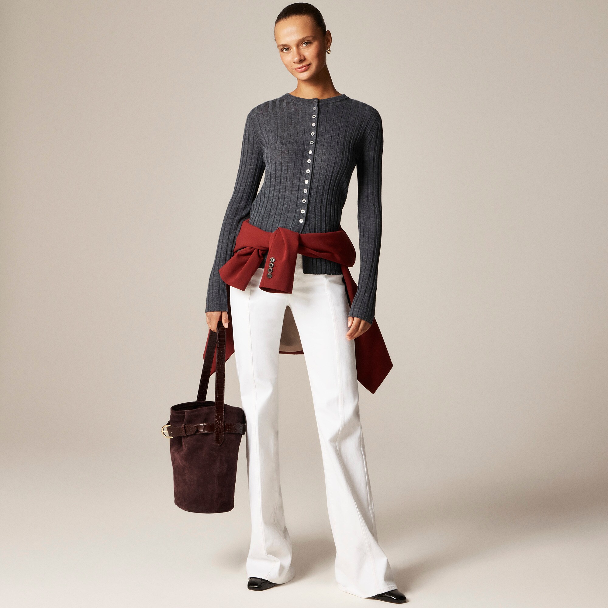 Wide-rib fitted cardigan top in merino wool