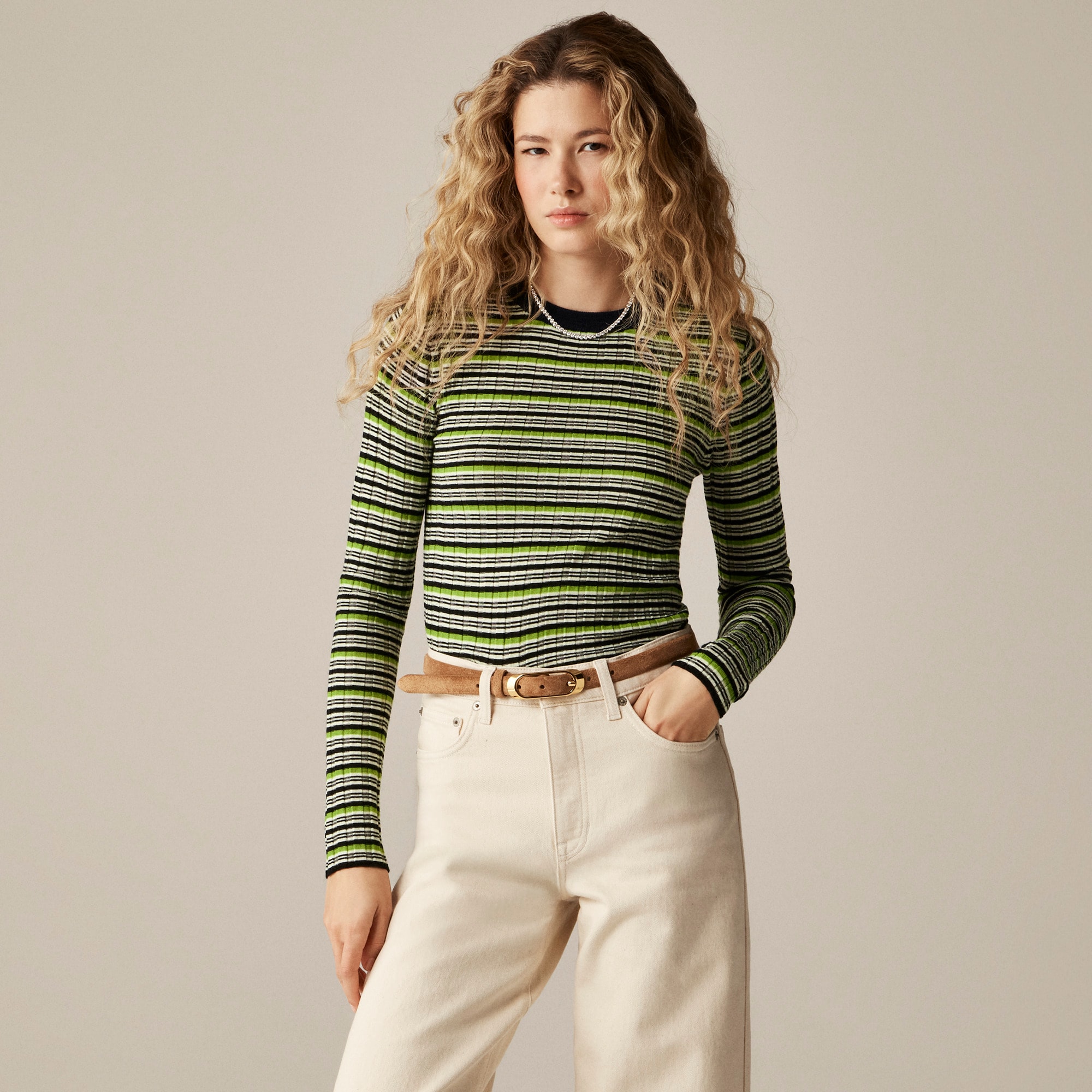 Wide-rib Carolyn crewneck sweater in striped merino wool