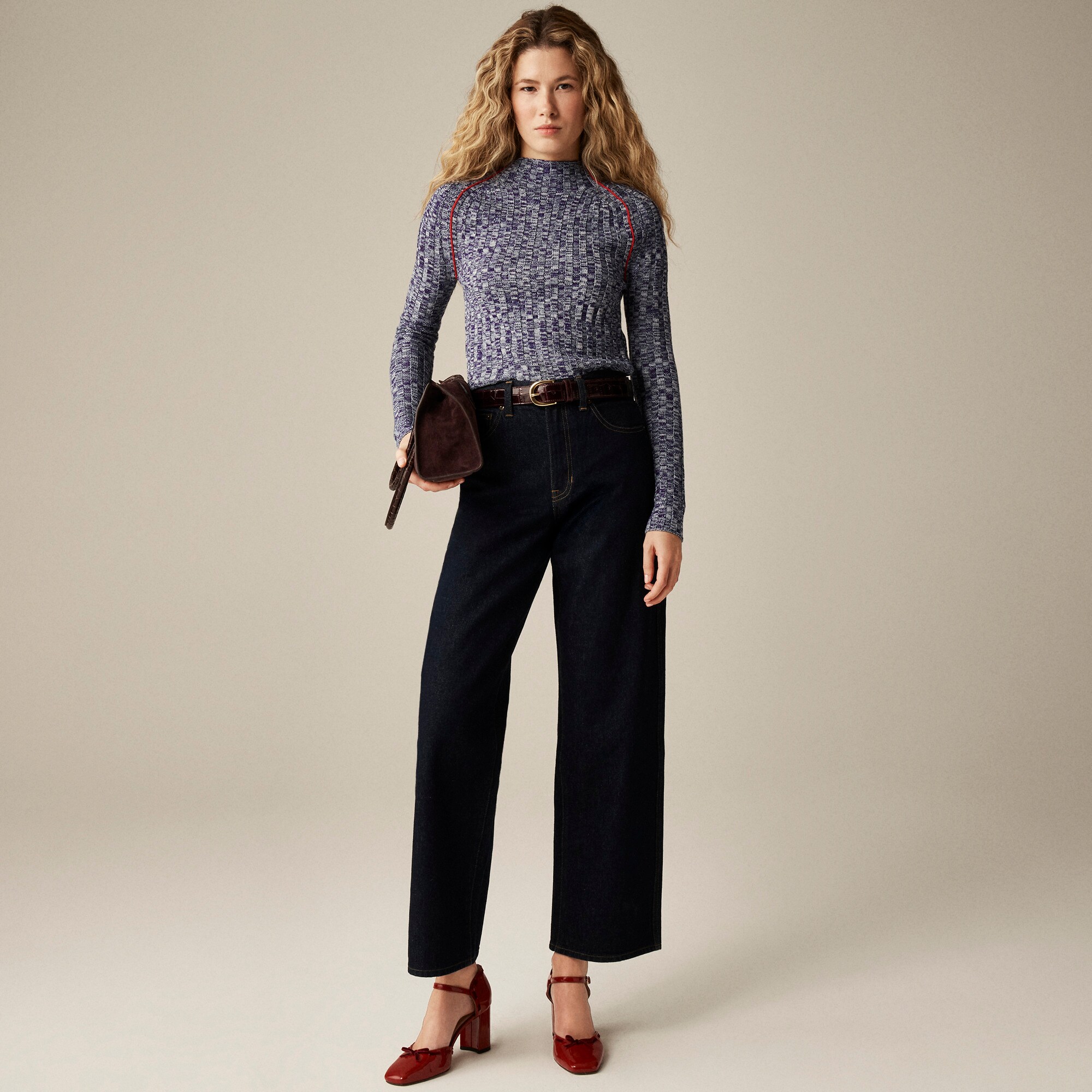 Wide-rib mockneck sweater in marled merino wool