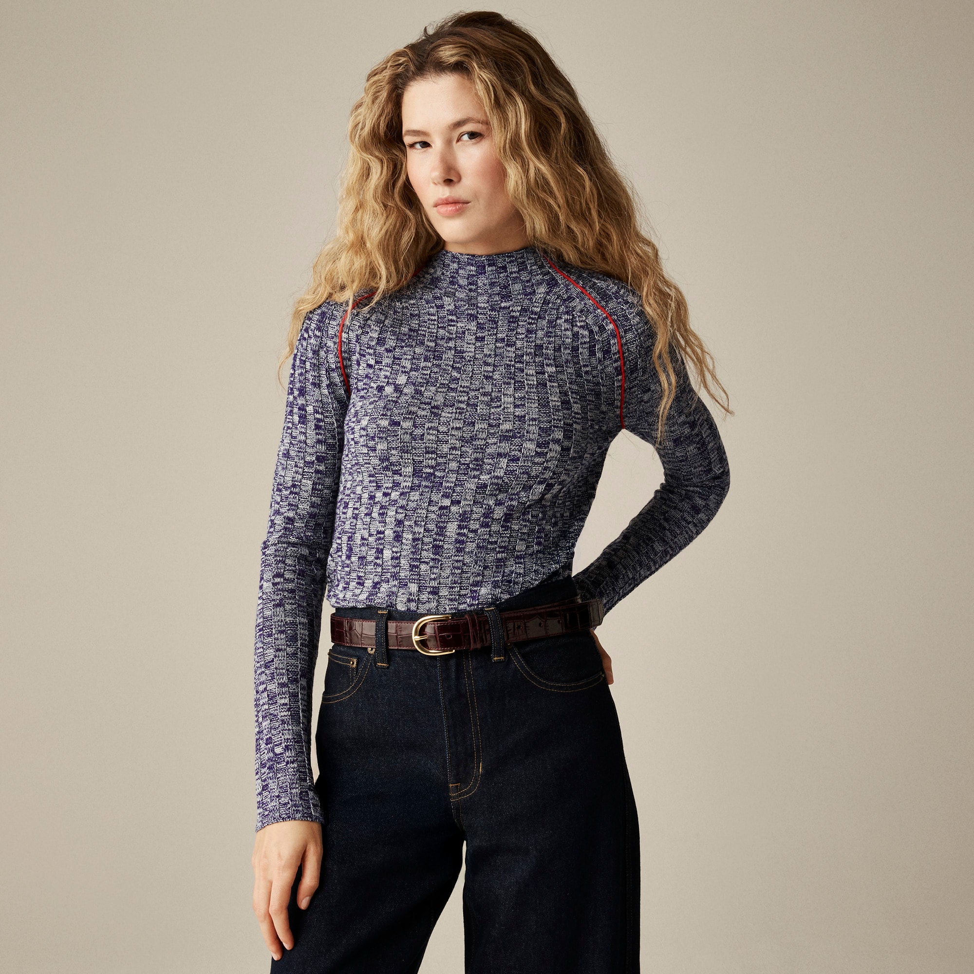 Wide-rib mockneck sweater in marled merino wool