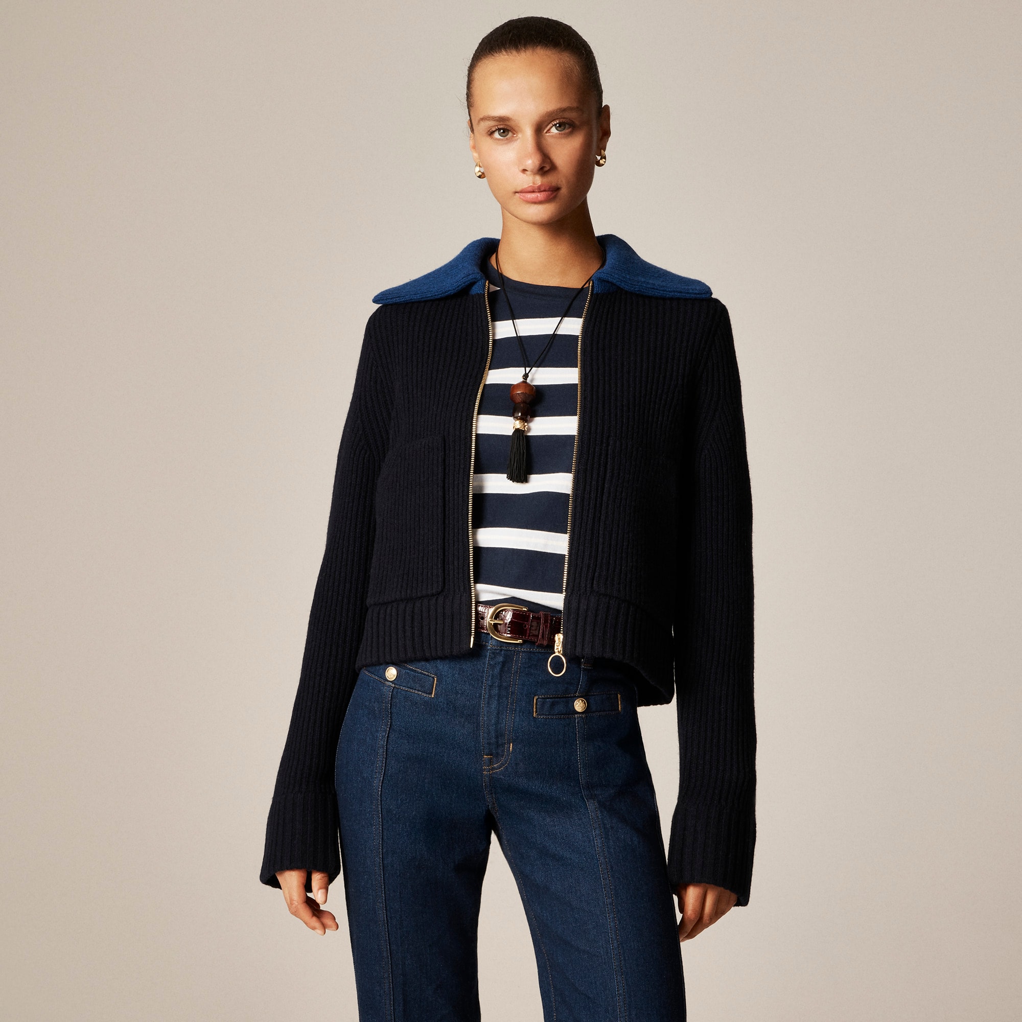 Colorblock collared full-zip sweater in wool - image 2