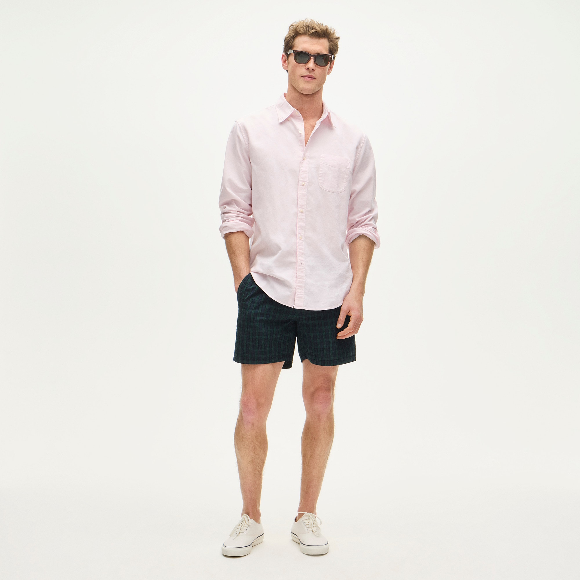 6" swim trunk in plaid seersucker